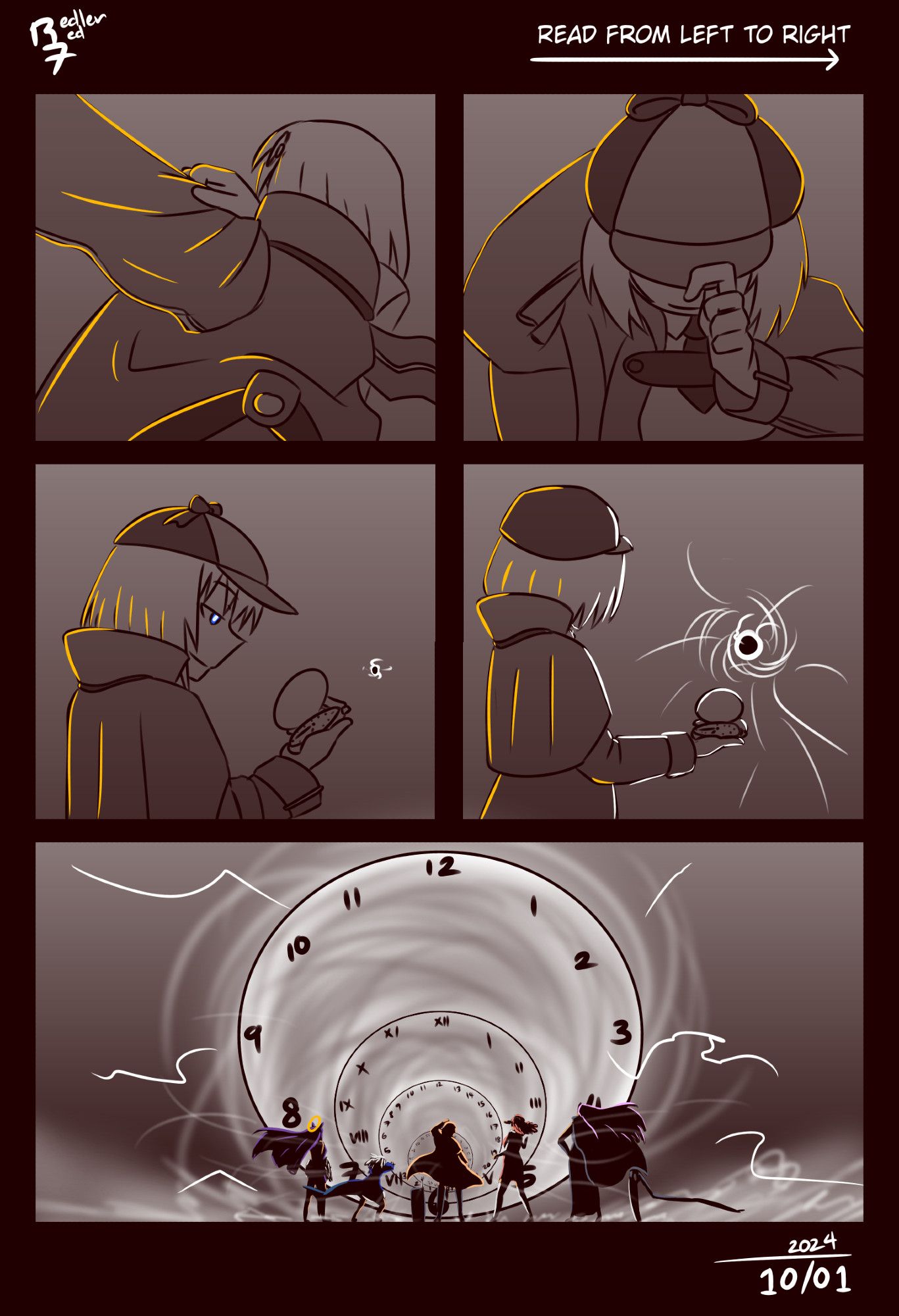 Hololive fan comic, page 6 of 9. Ame puts on his coat and hat, checks her pocket watch, then turns to look at the time anomally that suddenly materialized next to her. She and Myth covers their face as the time anomally buffets them with wind.