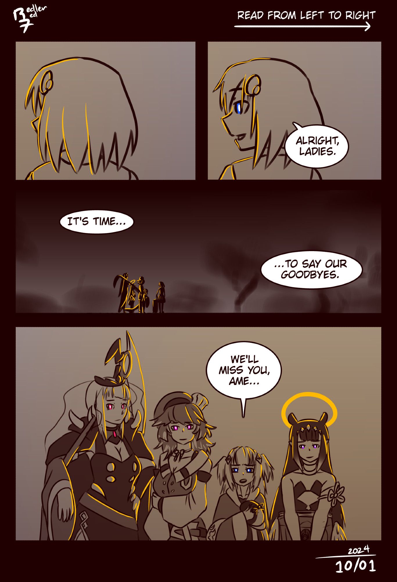 Hololive fan comic, page 2 of 9. Ame turns to face the rest of Myth. "Alright ladies," she says. "It's time to say our goodbyes." The girls of Myth look at her with sad smiles. "We'll miss you, Ame," they say.