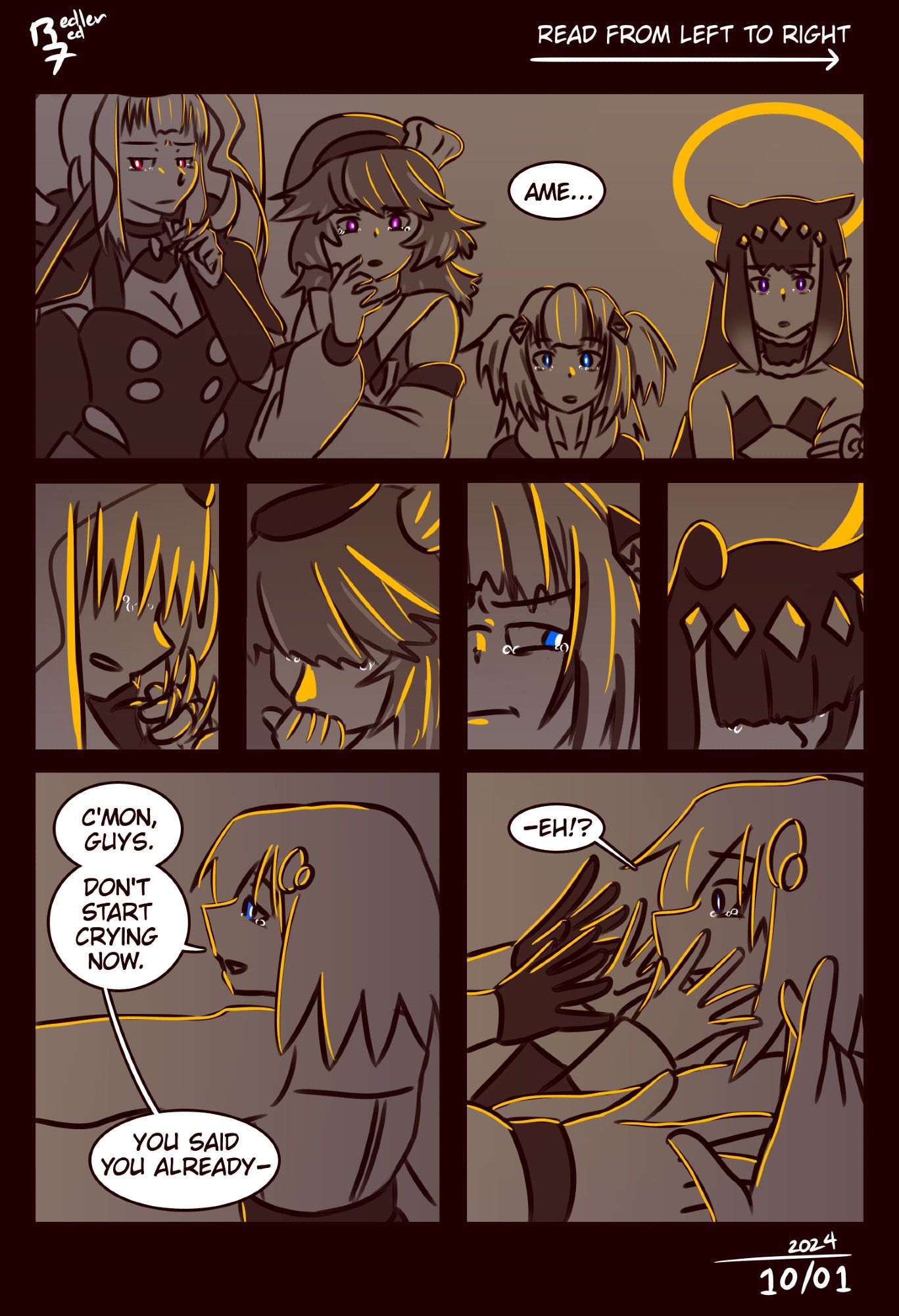 Hololive fan comic, page 4 of 9. The rest of Myth takes a sharp inhale and begins tearing up. Ame tilts her head slightly. "C'mon, guys," Ame chides. "Don't start crying now. You said you already-" She's cut off by Myth charging her with a hug.