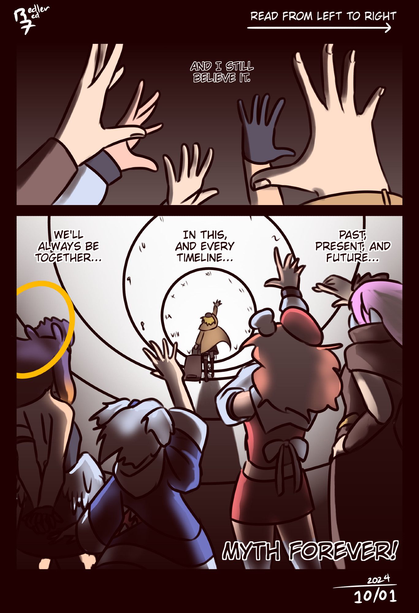 Hololive fan comic, page 9 of 9. Myth throws their hands up in cheer, Ame thinking to herself. "And I still believe it. We'll always be together; in this and every timeline; past, present, and future." Ame begins walking towards the time anomaly, raising a hand to wave at Myth, standing behind her. Ina watches passively, hands behind her back. Calli gives a salute, one hand on her hip. Gura and Kiara wave back animatedly. Ame does not turn back as she continues to walk into the future.