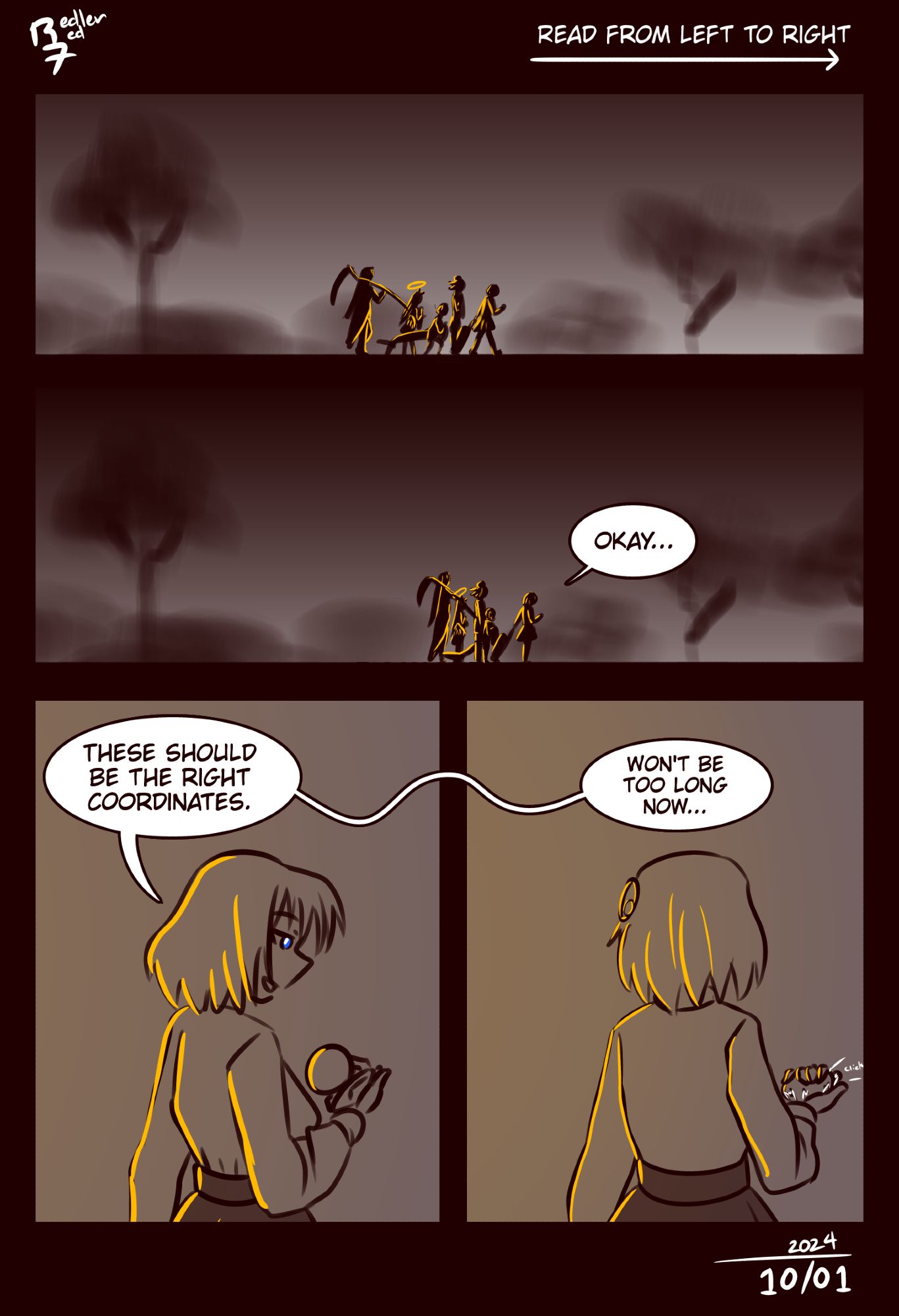 Hololive fan comic, page 1 of 9. HoloMyth walking through the wilderness. Ame stops them and says "These should be the right coordinates. Won't be too long now."