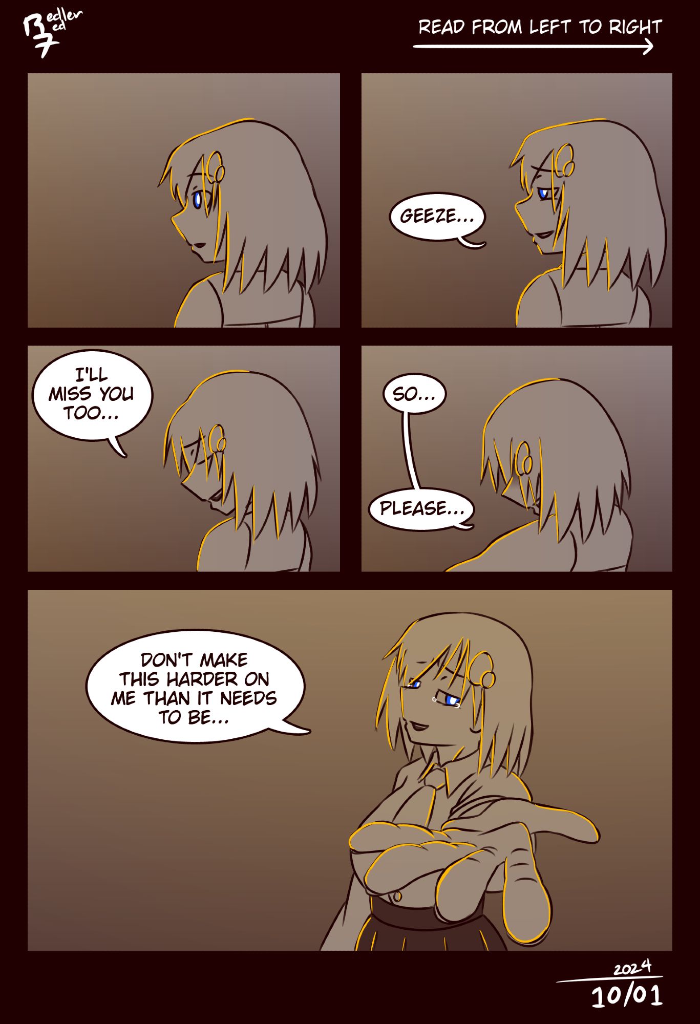 Hololive fan comic, page 3 of 9. Ame smiles ruefully. "Geeze," she says. "I'll miss you too. So, please..." She pauses, raising her hand to them. She smiles gently. "Don't make this harder than it needs to be..."