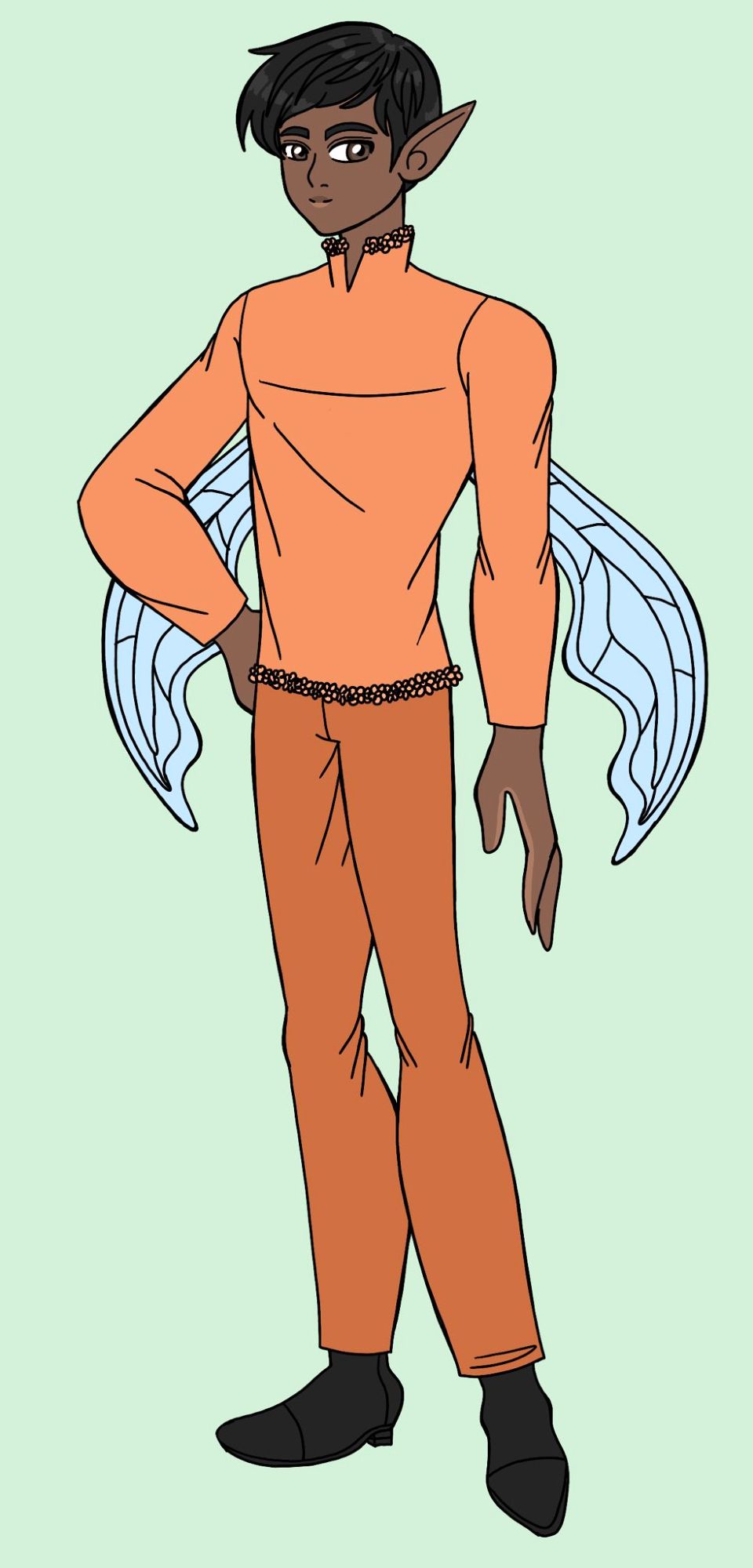 A faerie man! He is wearing an orange, long sleeved shirt with the collar lined with orange flowers and the bottom also lined with orange flowers. He is wearing darker orange pants and boots. He has translucent faerie wings. His skin is brown and he has dark eyes. His hair is short and dark brown. He has a thin build.