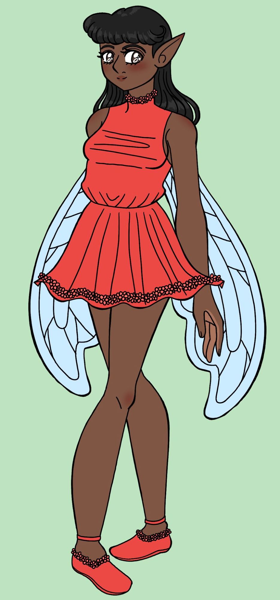 A faerie woman! She is wearing a sleeveless red dress lines on the bottom and by the neck by small red flowers. She is wearing red flats that are lined with the same small red flowers. She has brown skin, dark eyes, and black hair. She has translucent, insect like wings on her back. She has a thin build.  She has long, pointed ears. She is smiling at the camera.