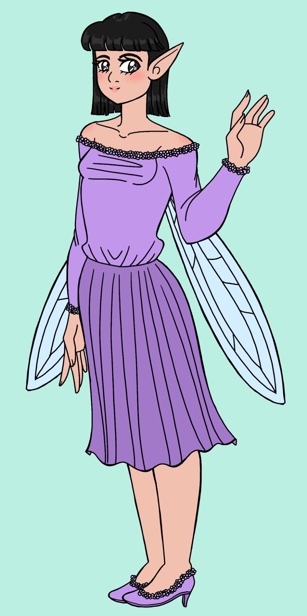 A faerie woman! She has translucent wings on her back. She has a purple top lined with purple flowers and a darker purple skirt. She is wearing purple heels lined with purple flowers as well. She has short, straight black hair and pale skin. She has dark eyes and a thin build. She is smiling at the camera.