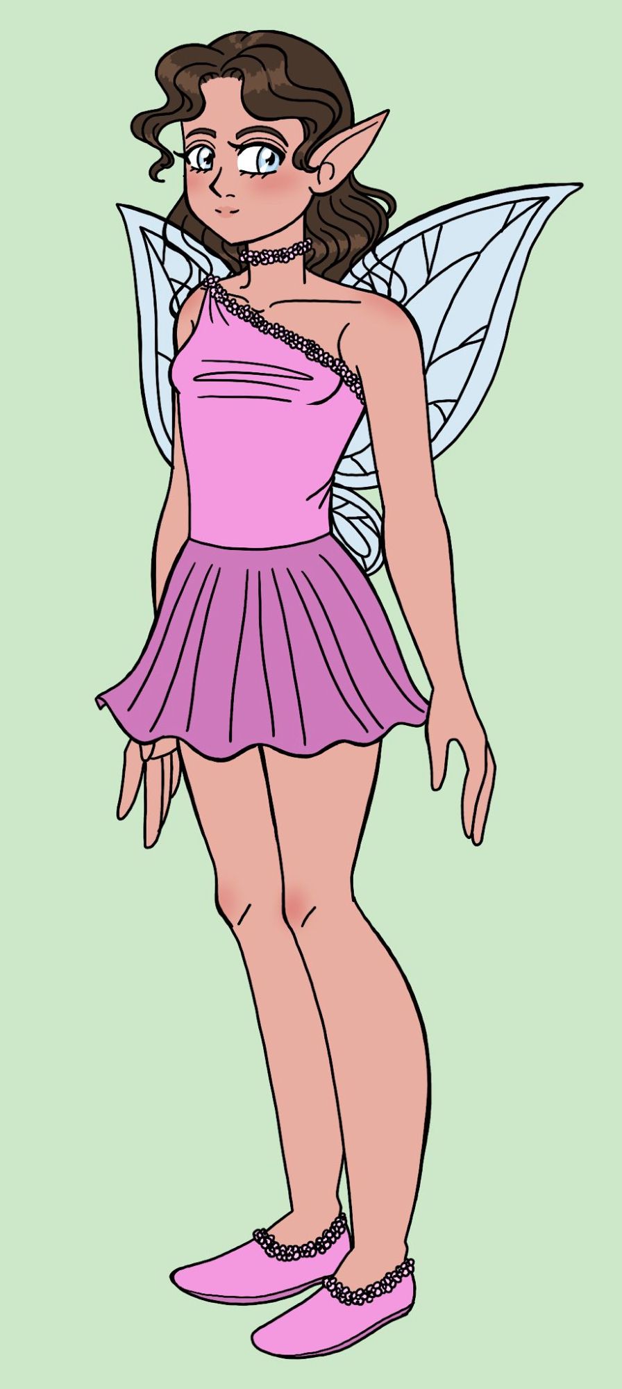 A faerie woman. She has translucent wings on her back. She has a pink top and pink skirt with pink shoes, they are all lined with small pink flowers. She has pale skin and a thin build. She has brown hair and light blue eyes. She is smiling at the camera.