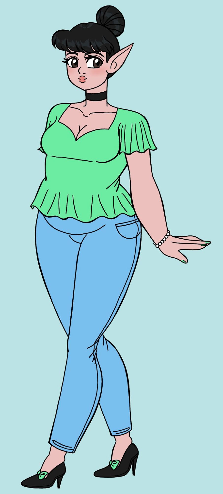 An elf woman! She has a chubby body type and pale skin. She has black hair in a bun and dark eyes. She has a green top and light blue jeans on with black heels that have green boys on them.