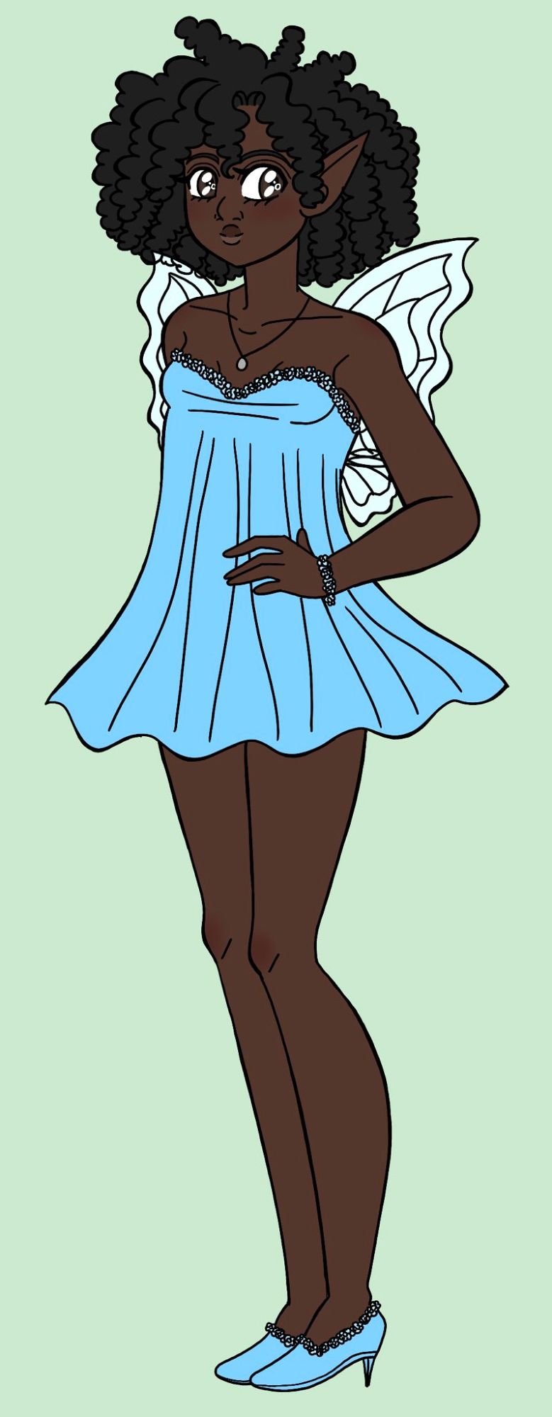 A faerie woman! She is black with dark brown skin and texture black hair in an afro like style. She is wearing a short blue dress line with blue flowers and blue heels that are also lined with blue flowers. She has dark eyes and a thin build. She has faerie wings on her back.