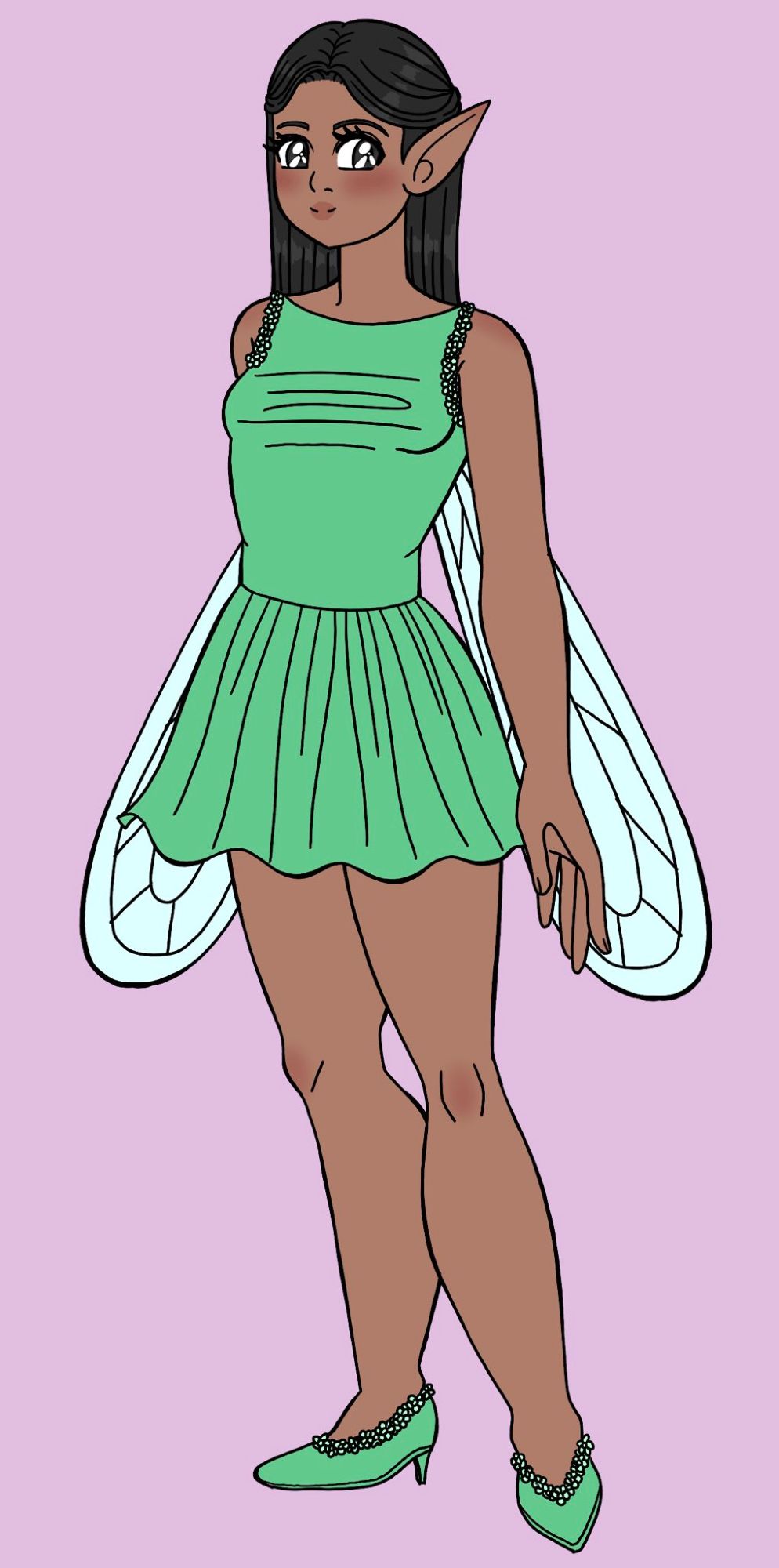 A faerie woman. She has straight black hair and brown skin with a thin build. She has dark eyes. She has translucent wings on her back. She is wearing a green, sleeveless green dress that has lighter green flowers adorning it. She has green heels that have the same green flowers on them. She had long, pointed ears. She is smiling at the camera.