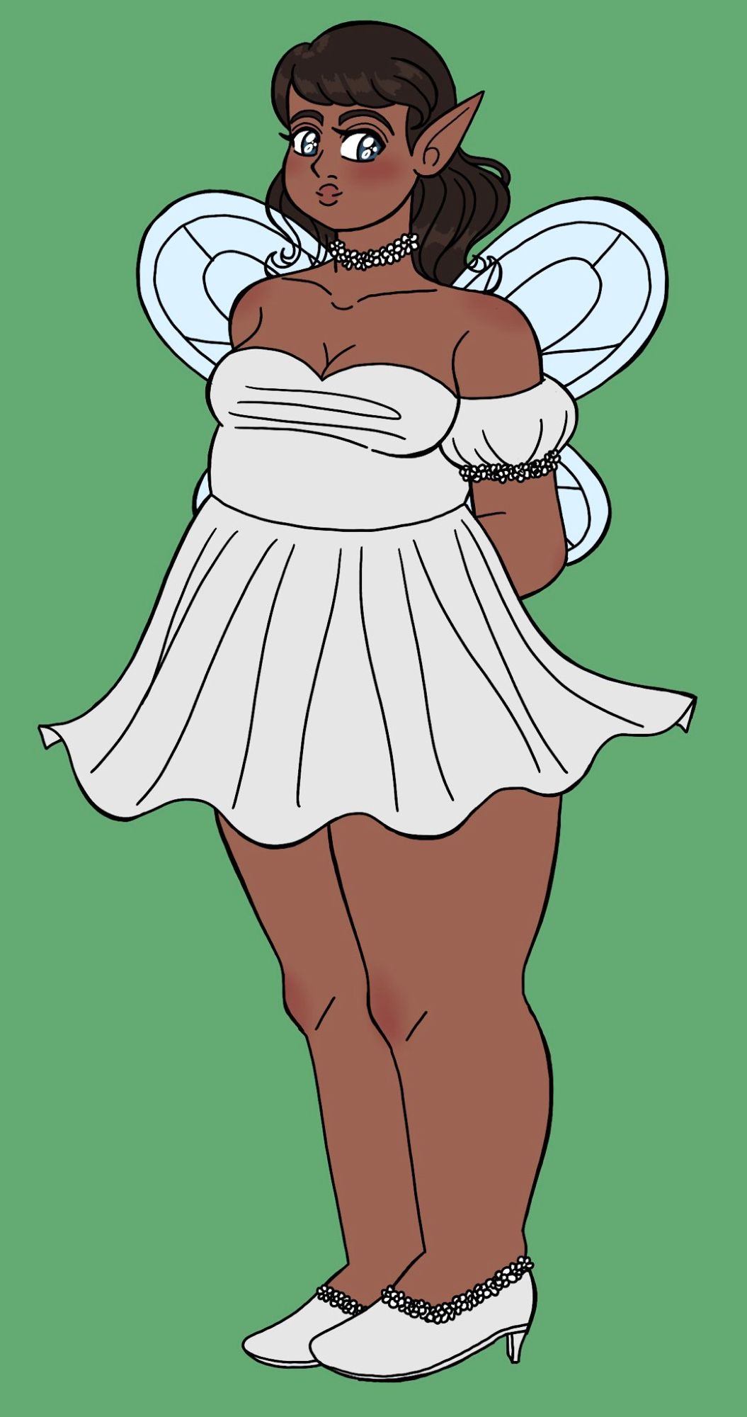 A faerie woman! She is wearing a short, white dress with white flowers lining the bottom of the puffy short sleeves. She has a small, white flower necklace and her white heels are lined with small white flowers. She has translucent, faerie wings. She has medium length, dark brown hair. She has dark eyes and brown skin. She has a chubby body type. She is smiling at the camera.