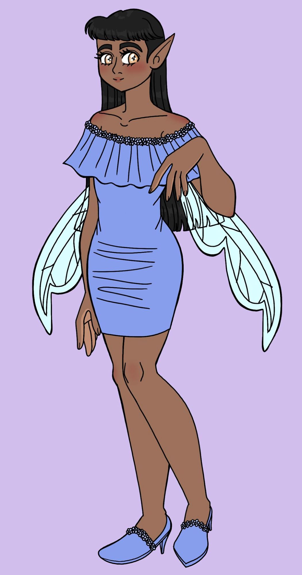 A faerie woman with hazel eyes. She is wearing a short, light indigo dress that is lined with light indigo flowers at the top. She has on the same color heels that are lined with those same flowers. She has a thin build. She has translucent, faerie wings. She has brown skin and long, straight black hair. She is smiling at the camera.