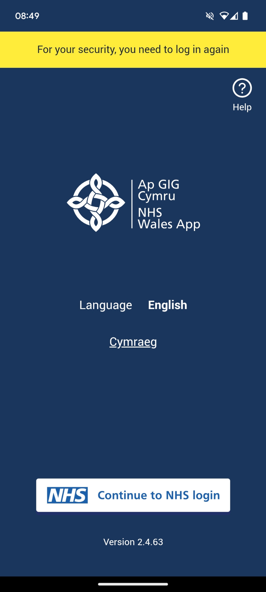 The home screen of the NHS Wales app which has a navy background, asks you to select a language, and continue to NHS login