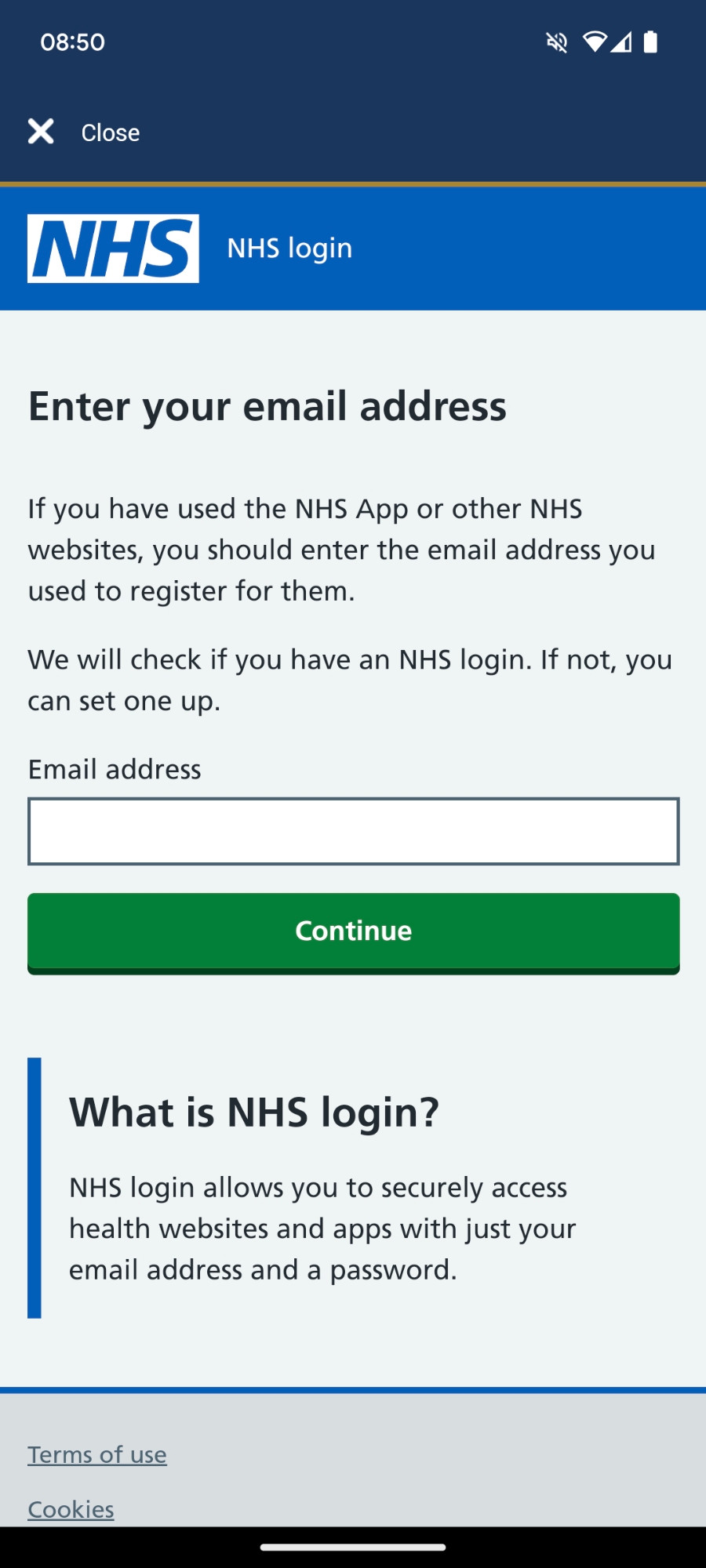 The third screen of the NHS Wales app which looks like the NHS England website and asks you to enter your email address to log in. 