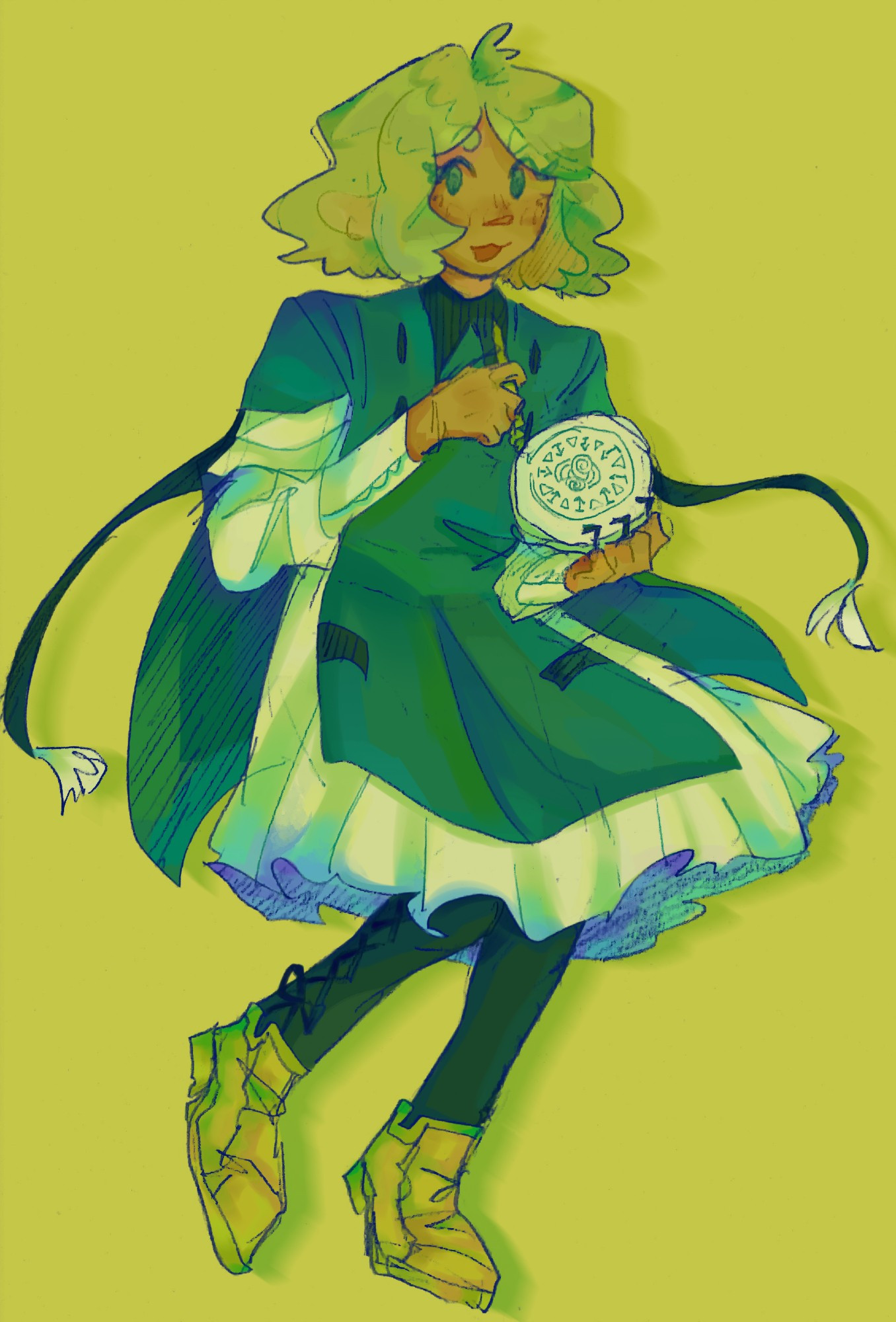 a fullbody coloured sketch of coco from witch hat atelier on a yellow background, she is facing the right and holding a wand and circle notebook with the sylph shoes seal drawn on it.