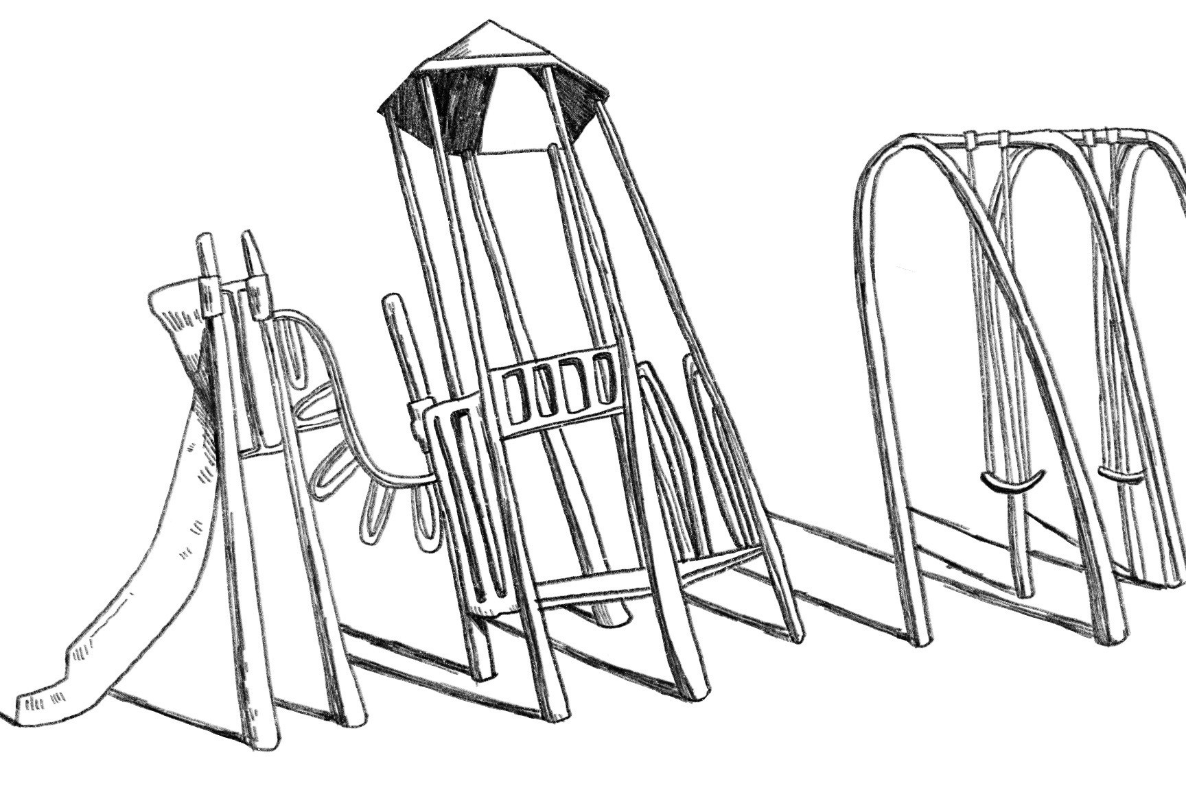 black and white line drawing of a slanted/distorted playground