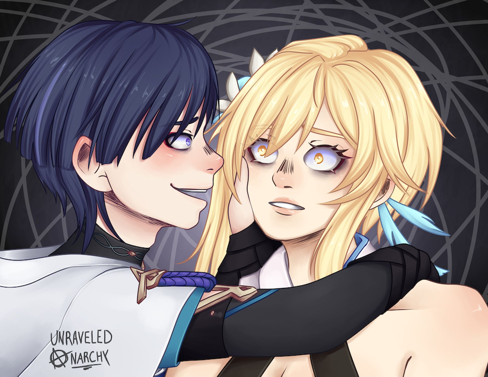 Yandere Scaramouche giving affection to a horrified Lumine.