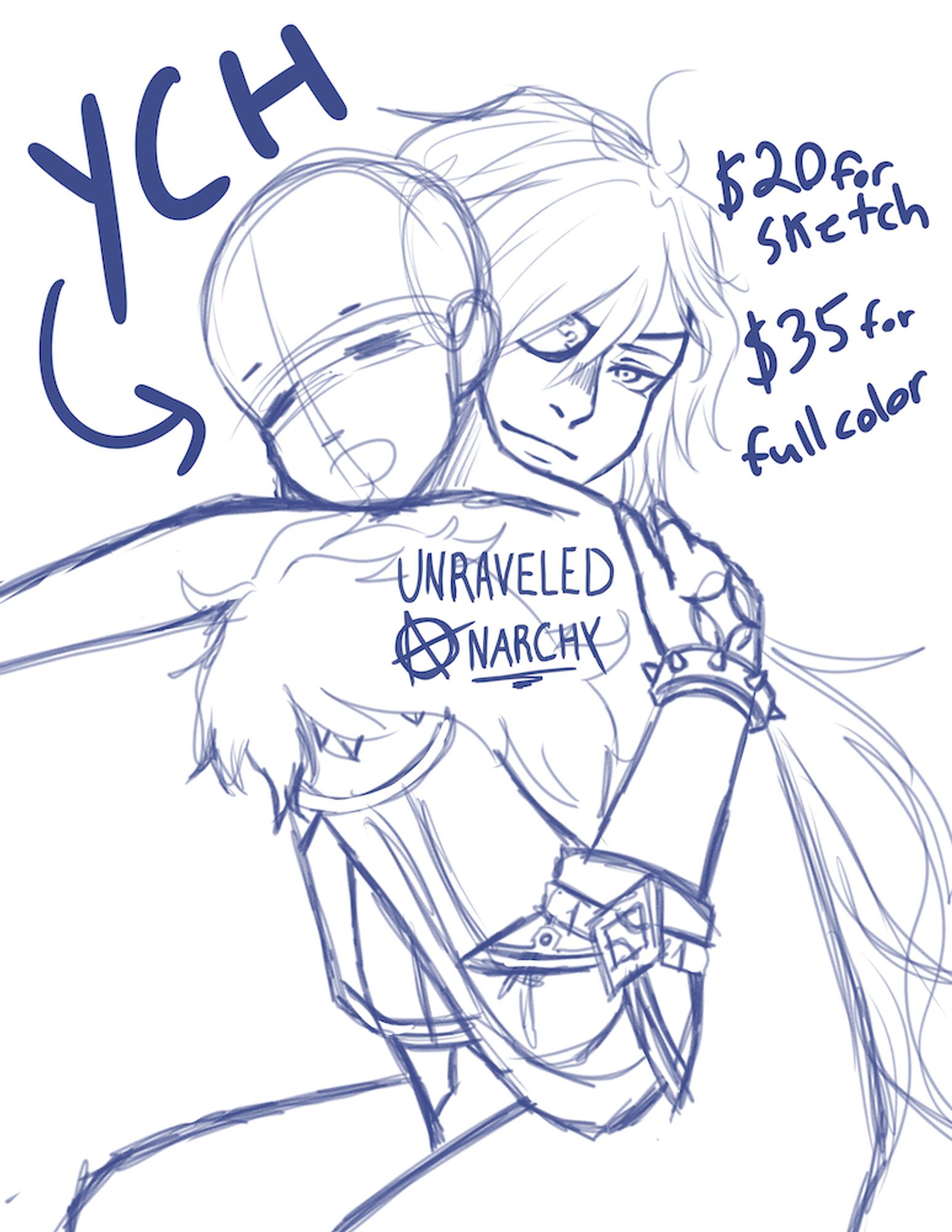 A blue sketch drawing. Text reads "YCH" and "$20 for sketch $35 for full color" Shows a man with long hair and an eyepatch carrying a featureless figure.