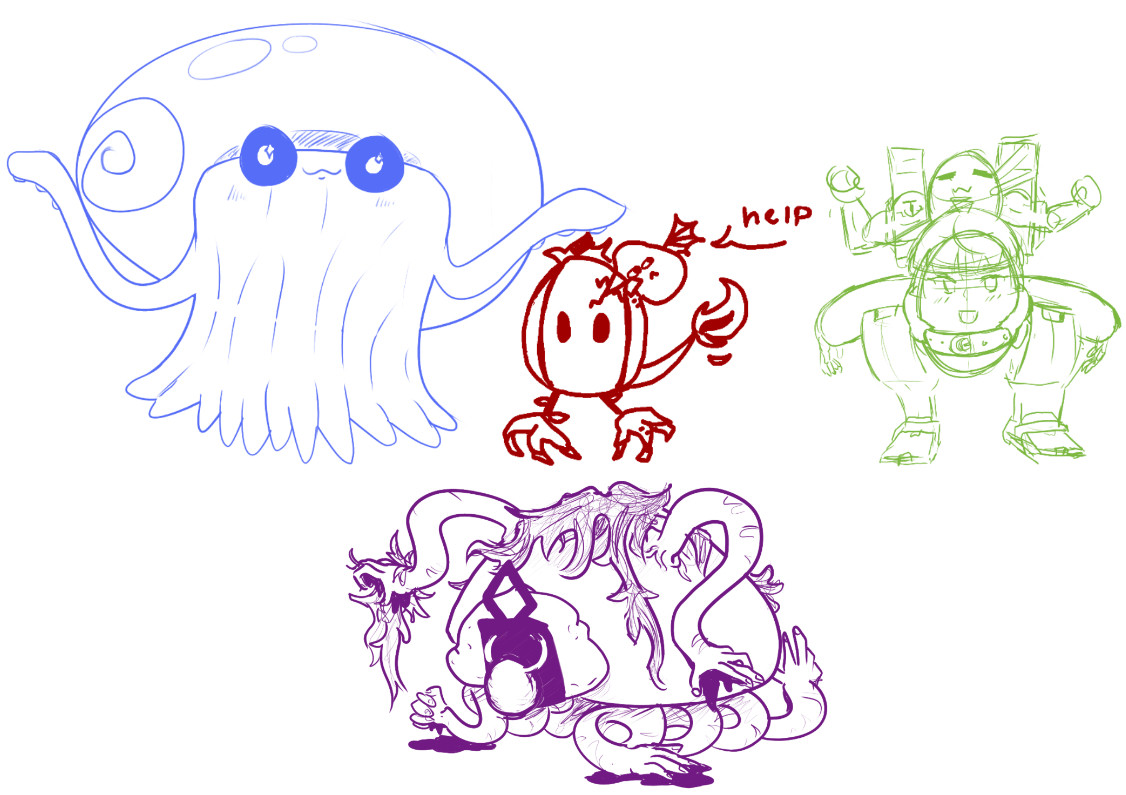 Omanyte, 2 Fletchinders, and an Oranguru as drawn by people receiving VAGUE at best directions. They're not exactly close.