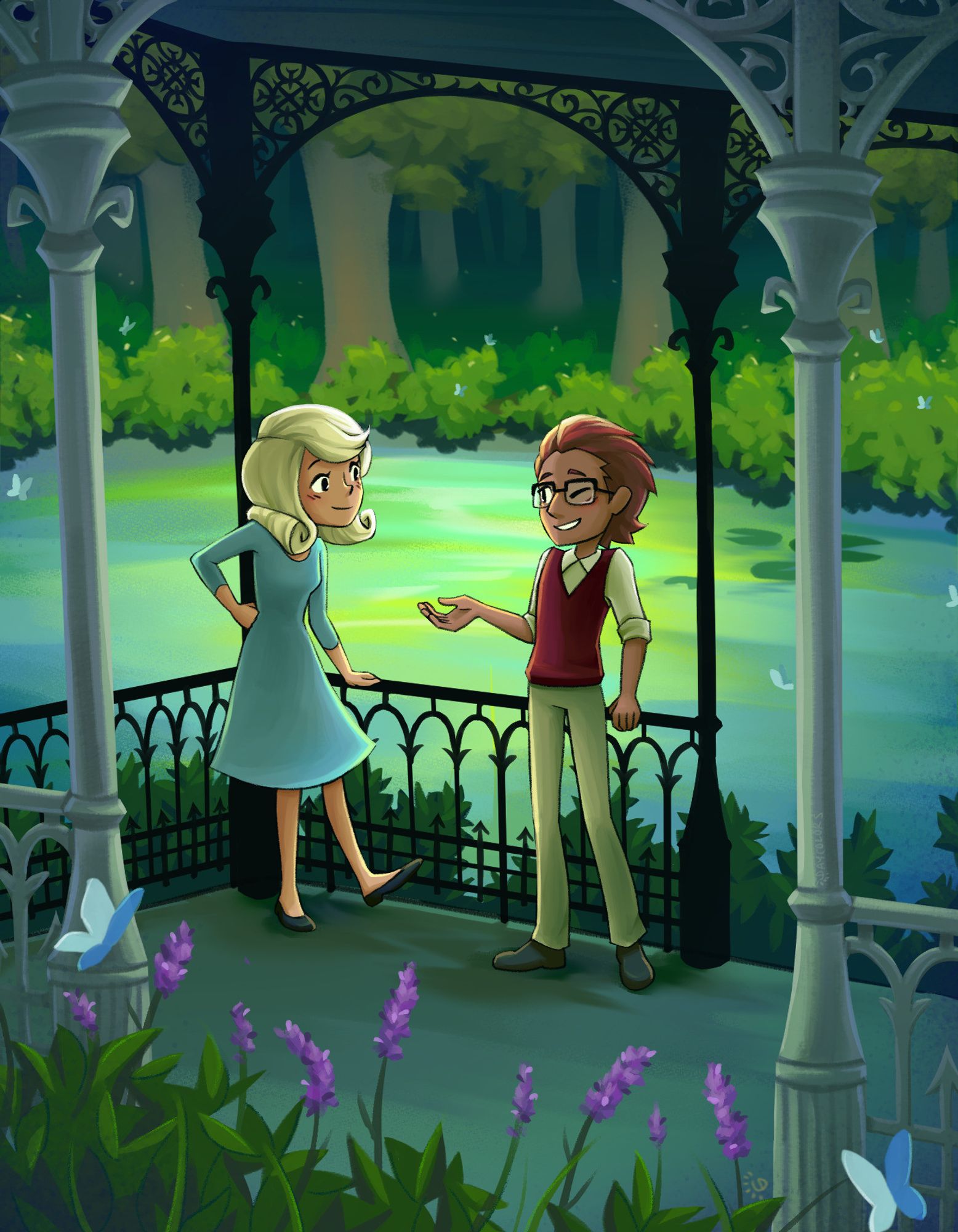 Drawing of Randall Ascot and Angela Ledore happily talking to each other inside of a pavilion by the water.