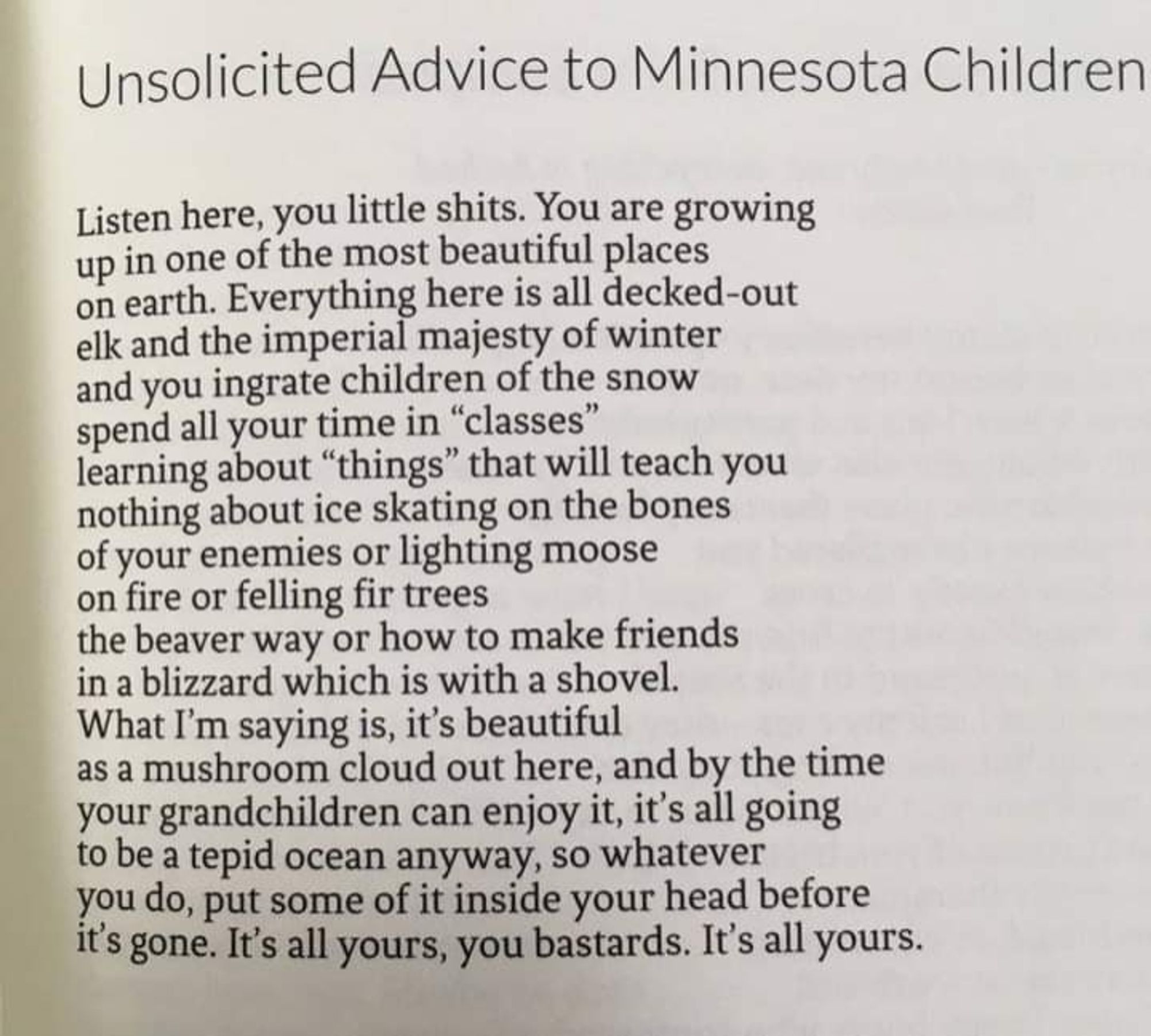 Poem entitled Unsolicited Advice to Minnesota Children