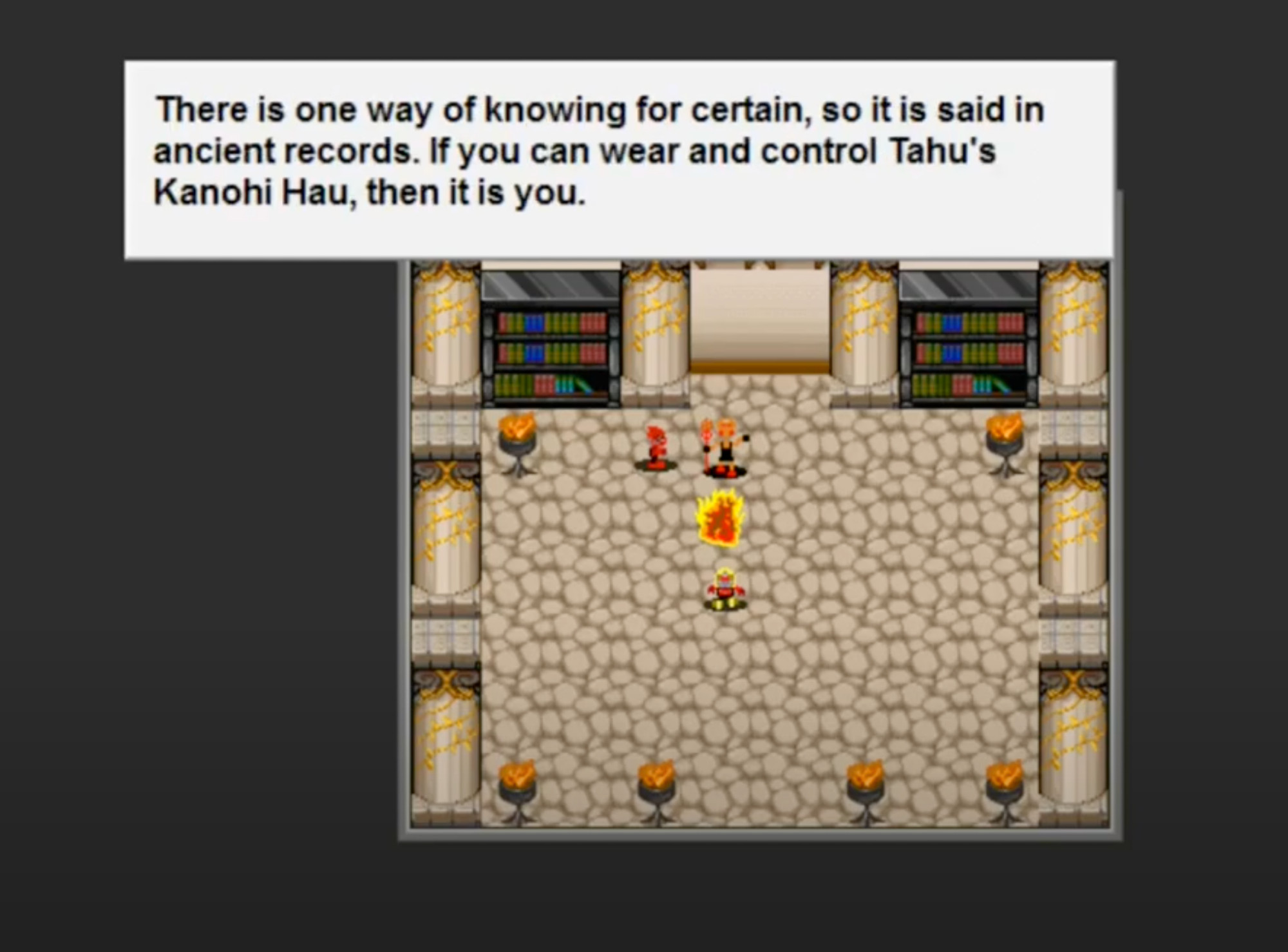 The village elder Vakama (orange guy) is speaking with Kaiwera the protagonist (little red guy to the left) while Jaller (red and yellow little guy) watches. They stand inside of the elder's room with bookshelves lining the back wall. There is a firepit in the center of the room. 