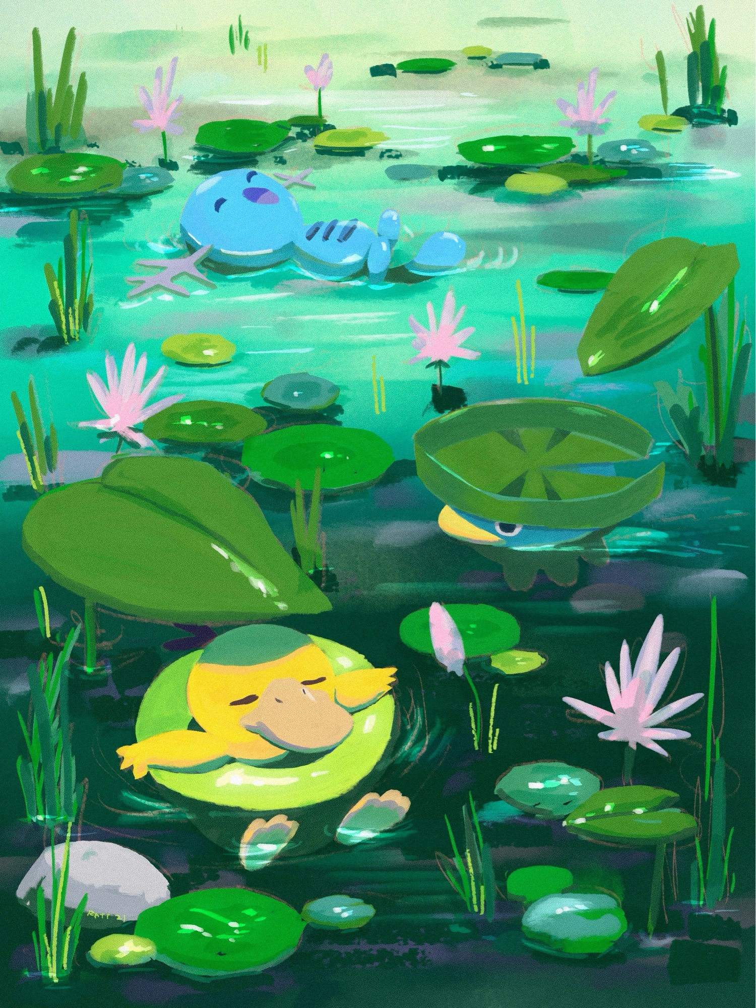 Psyduck, Wooper, and Lotad hanging out in a pond