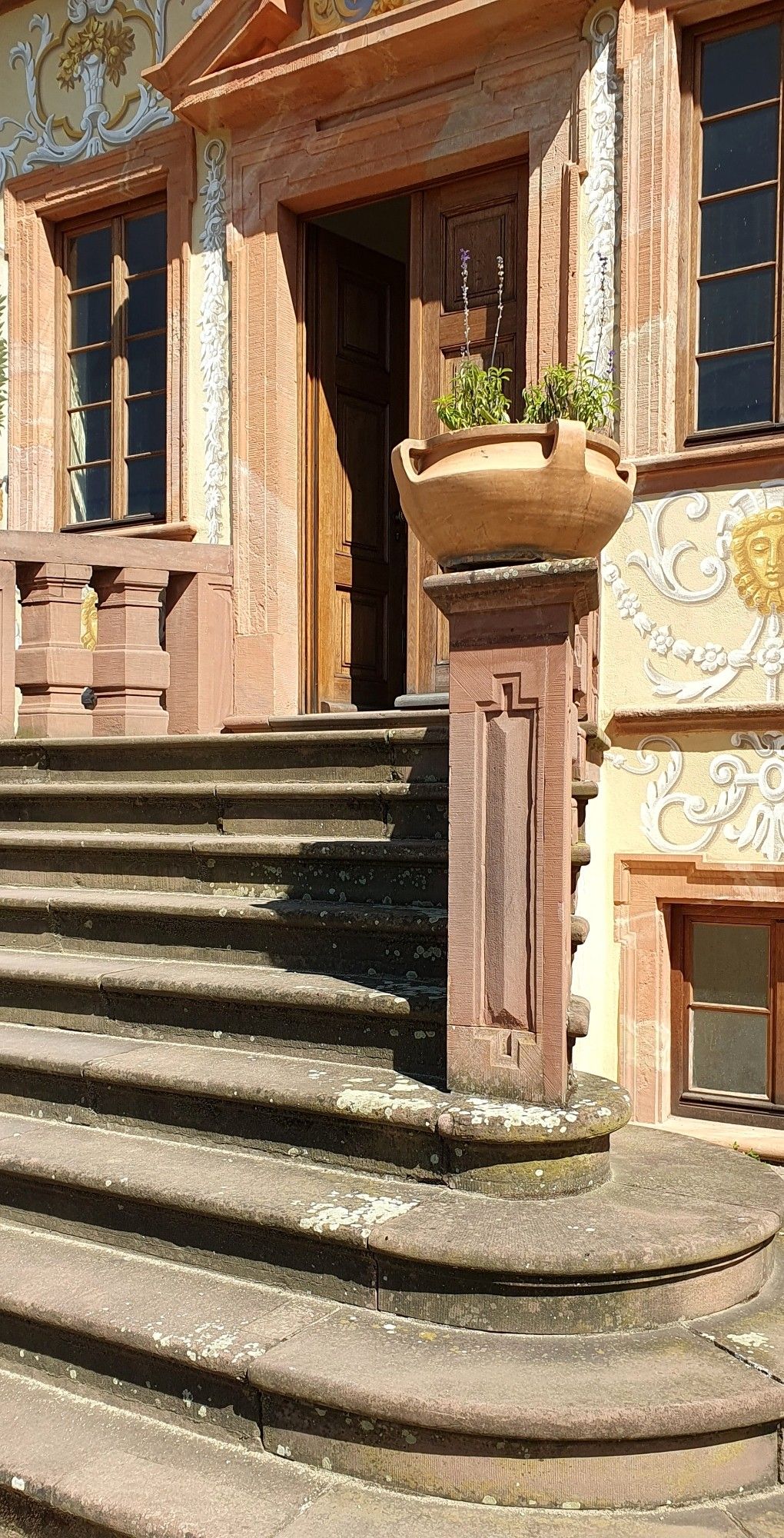 Das Bild zeigt eine Treppe, die zu einem Eingang führt. Die Stufen bestehen aus Stein und weisen Spuren von Verwitterung und Moos oder Flechten auf. Auf dem Podest neben der oberen Stufe befindet sich ein steinerner Sockel mit einem großen Blumentopf, in dem grüne Pflanzen mit lila Blüten zu sehen sind. Die Fassade des Gebäudes ist aufwendig verziert, mit floralen Mustern und anderen dekorativen Elementen. Rechts und links des Eingangs sind Fenster mit Holzrahmen zu erkennen. Die Tür besteht aus dunklem Holz und steht offen.