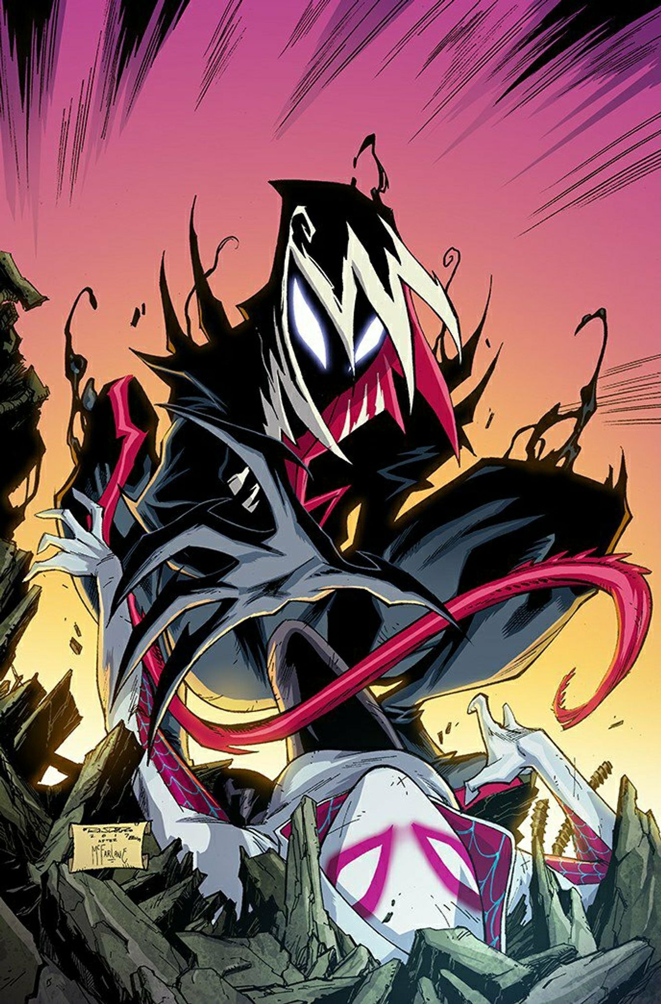 Gwenom crouching over a supine Ghost Spider