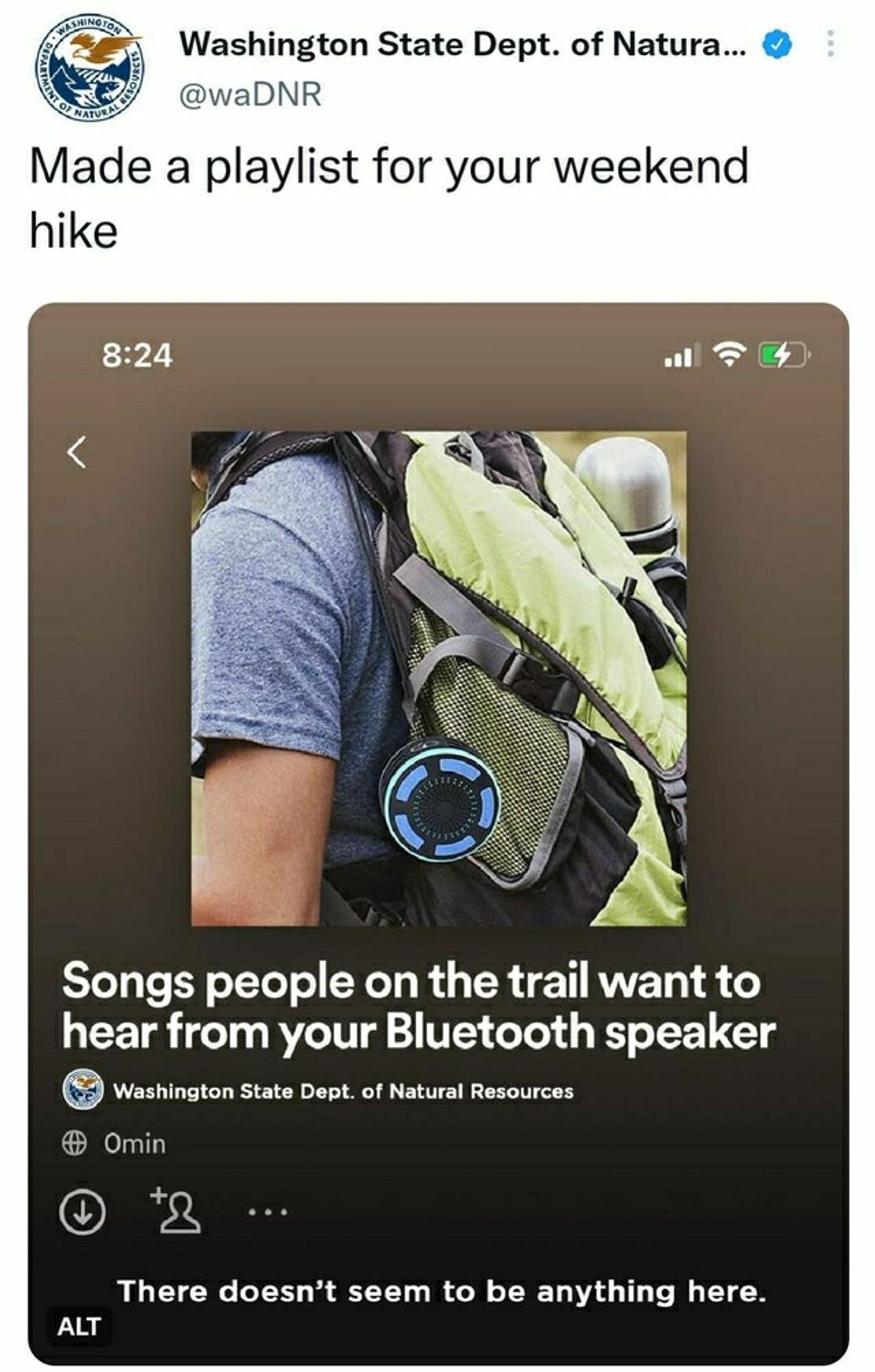 A tweet from the Washington State Department of Natural Resources showing a Spotify playlist called "Songs people on the trail want to hear from your Bluetooth speaker", where instead of songs the playlist reads "there doesn't seem to be anything here."