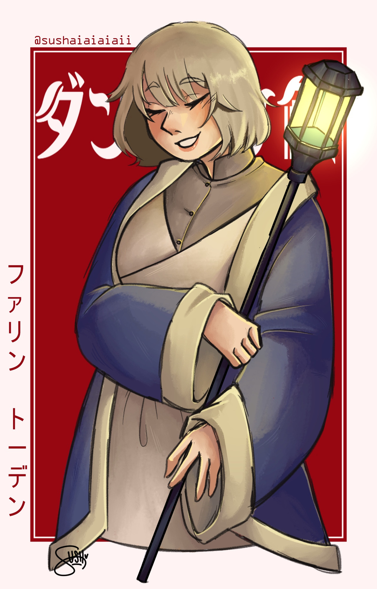 Falin Touden (Delicious in Dungeon) holding her staff in her hands, smiling with her eyes closed. The staff is glowing a warm yellow light. 

The logo for Delicious in Dungeon is written behind her head. Her name is written in Japanese on the left.