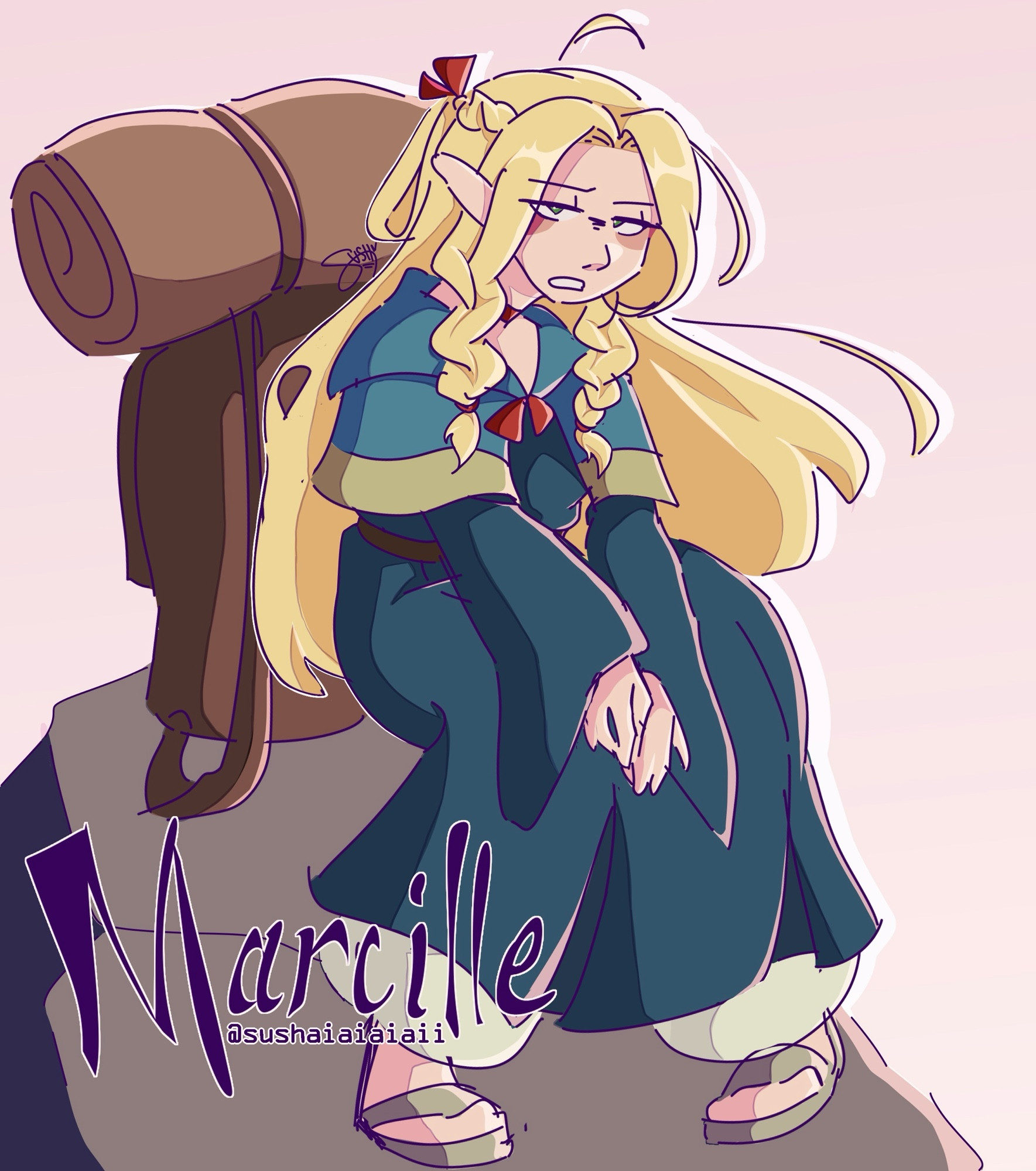 A colored rough sketch of Marcille (Delicious in Dungeon) sitting on a rock with an annoyed expression, her brown backpack seated behind her. The text reads “Marcille” with my username beneath it.