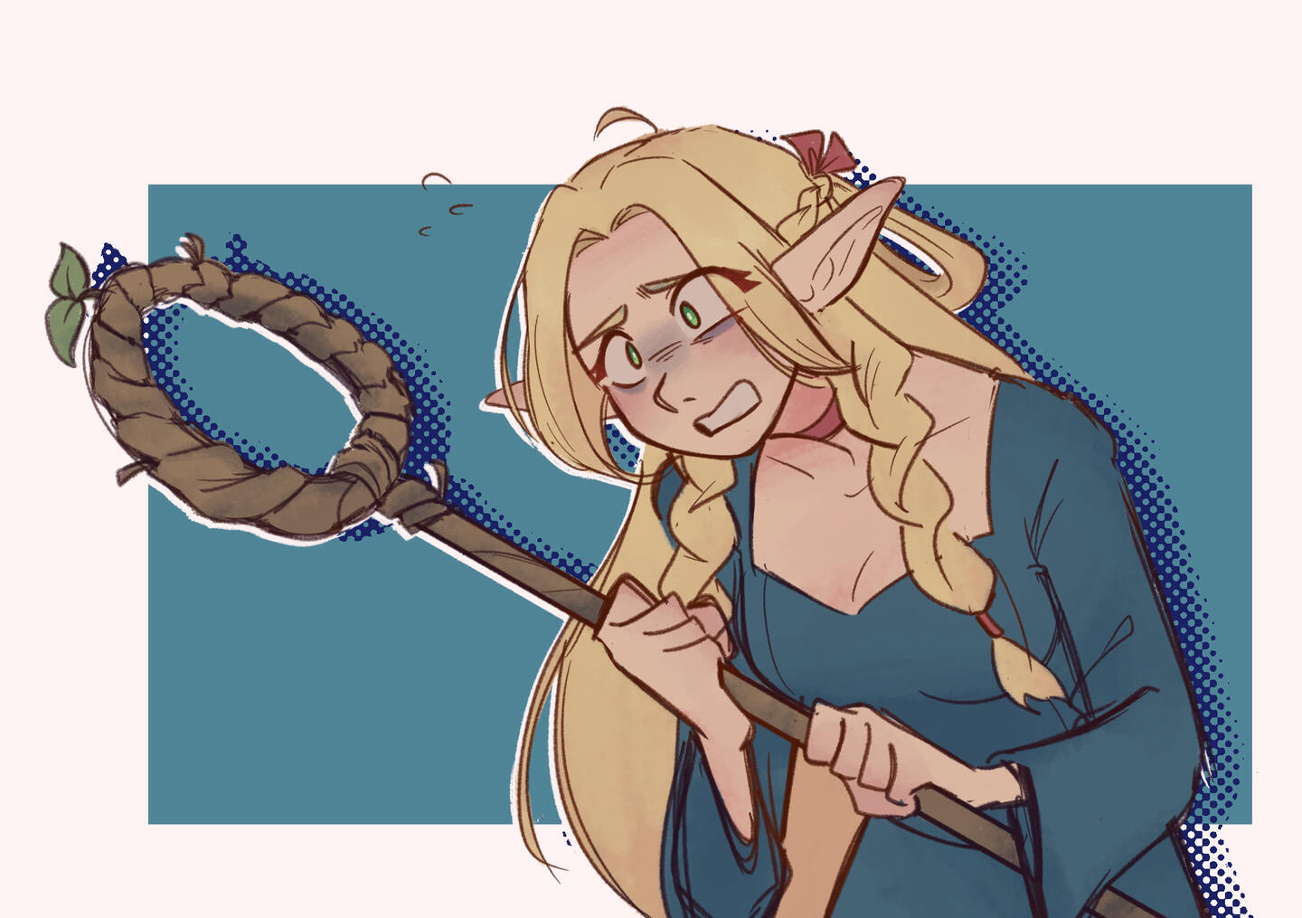 Marcille (from Delicious in Dungeon) looking distressed and tired, hunching over and holding her staff in her hands.