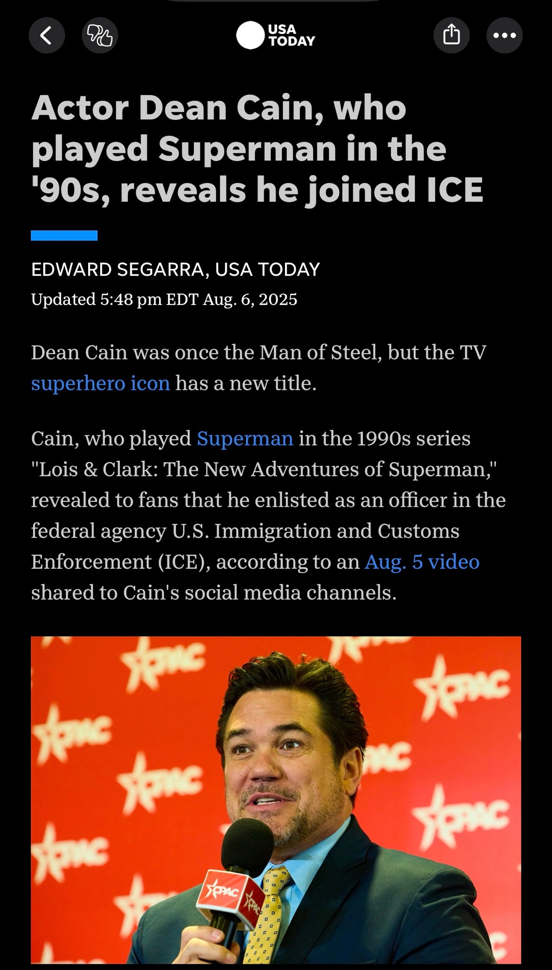 Actor Dean Cain announces joining ICE