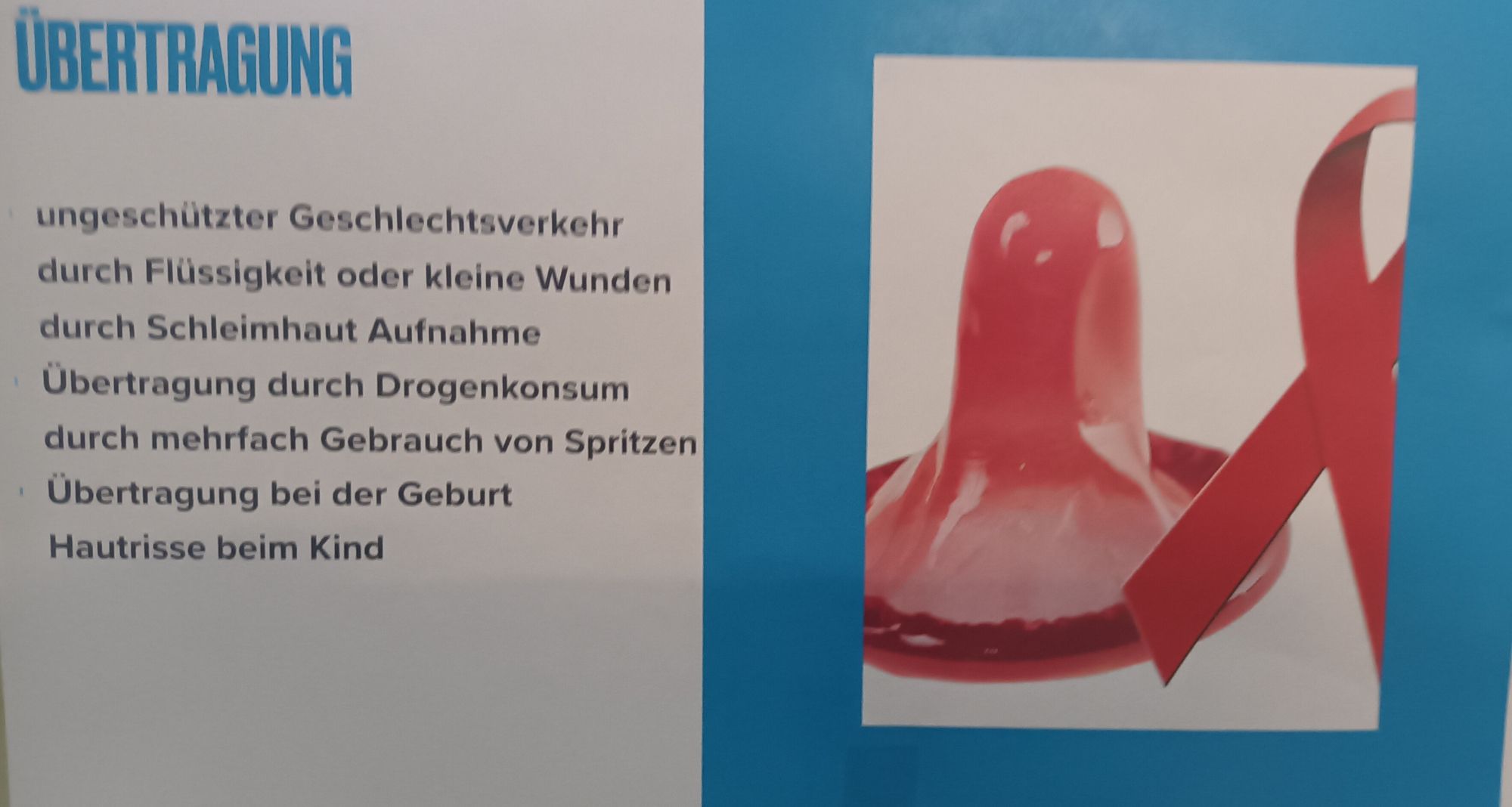 Text mit Aufklärung wie Aids übertragen werden kann. Daneben großes Kondom und die rote Schleife.