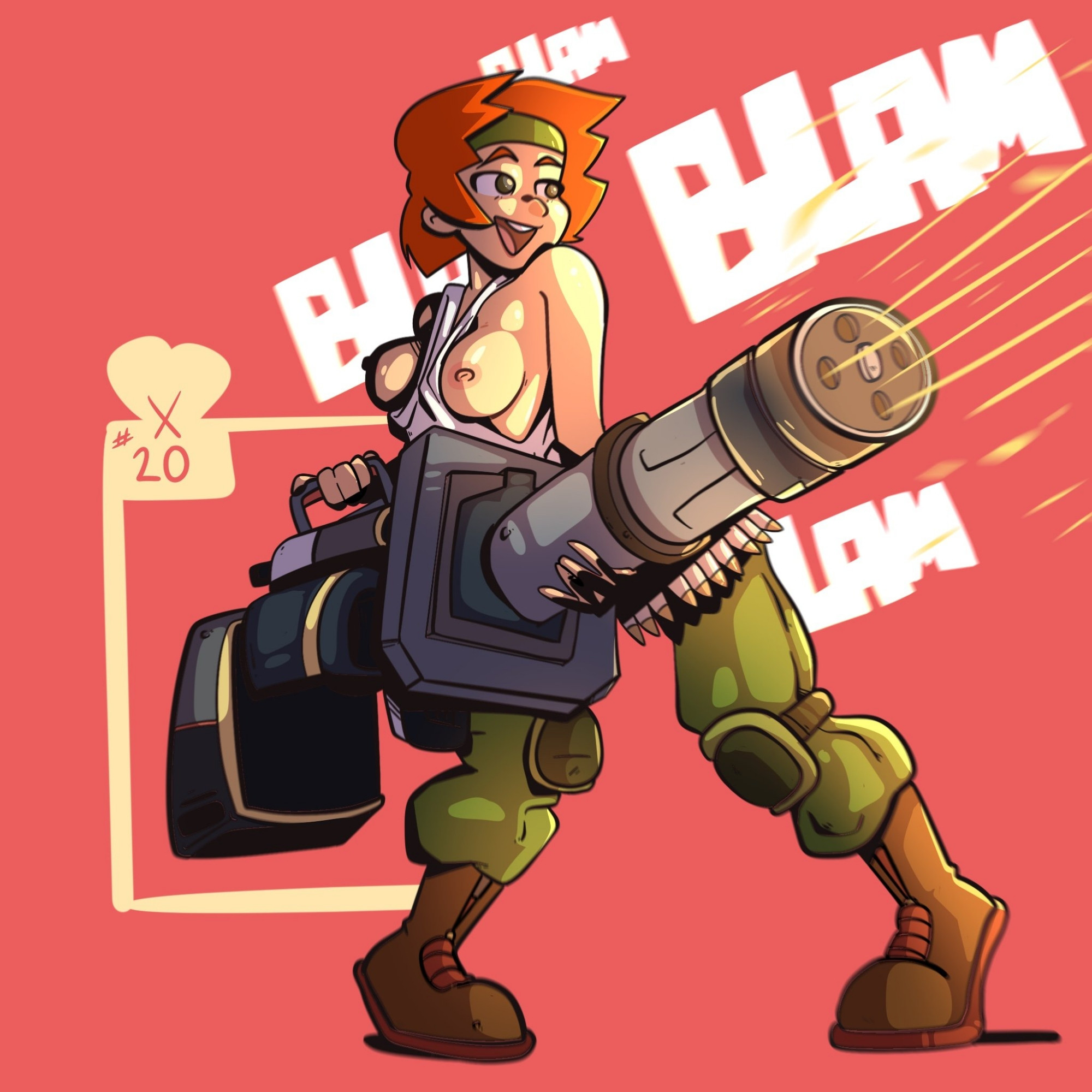 Sami from Advance Wars is operating a large minigun, the recoil of which has jostled her tits out of her tank top, she doesn't seem to notice