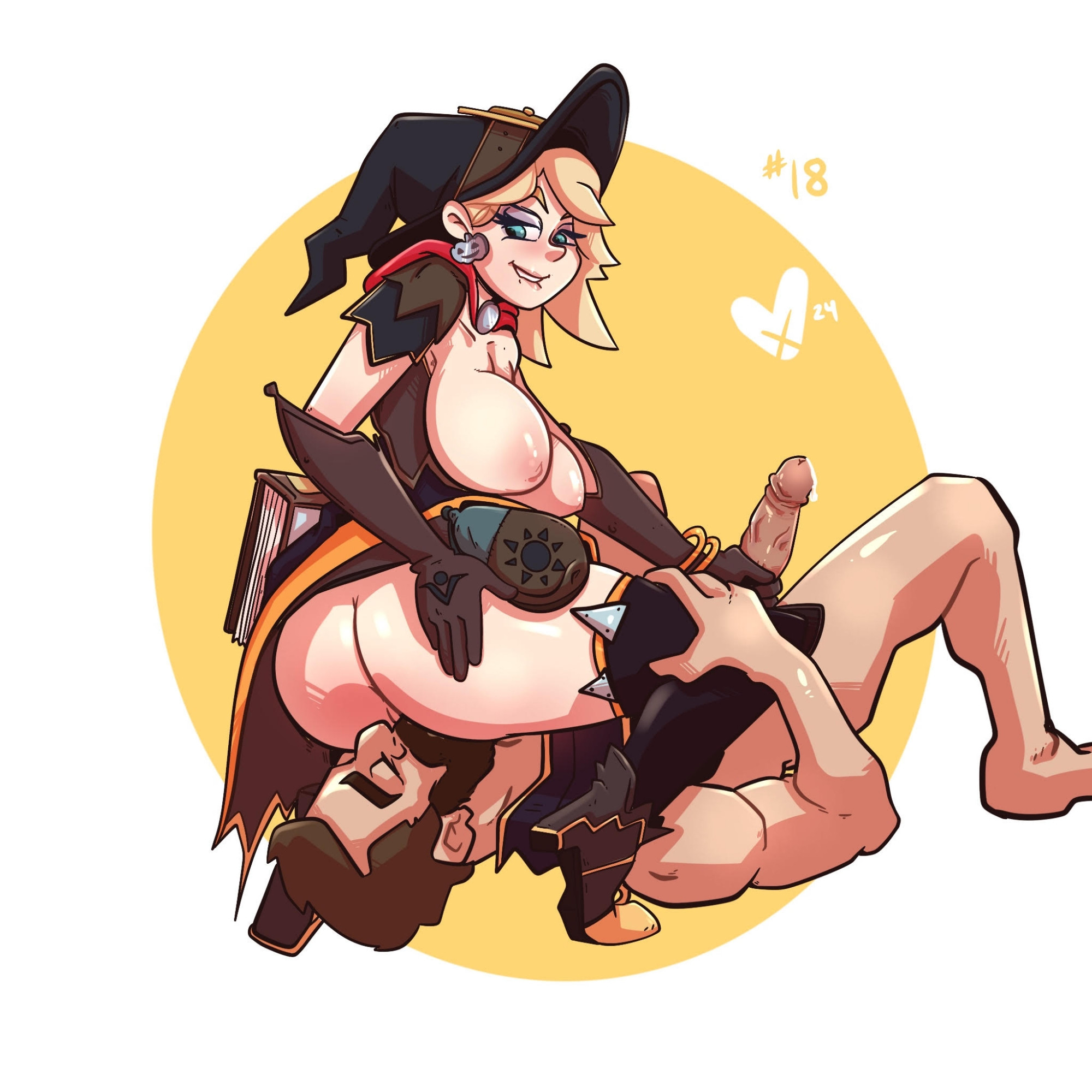 Mercy from Overwatch in her witch costume is biting her lip and looking behind her ,crouched over a bearded man's face, smothering him with her ass as he eats her pussy. Mercy's tits are pulled out of her top, and her very pale pink nipples are aroused. In one hand Mercy is firmly grasping the man's veiny cock, leaking pre-cum.