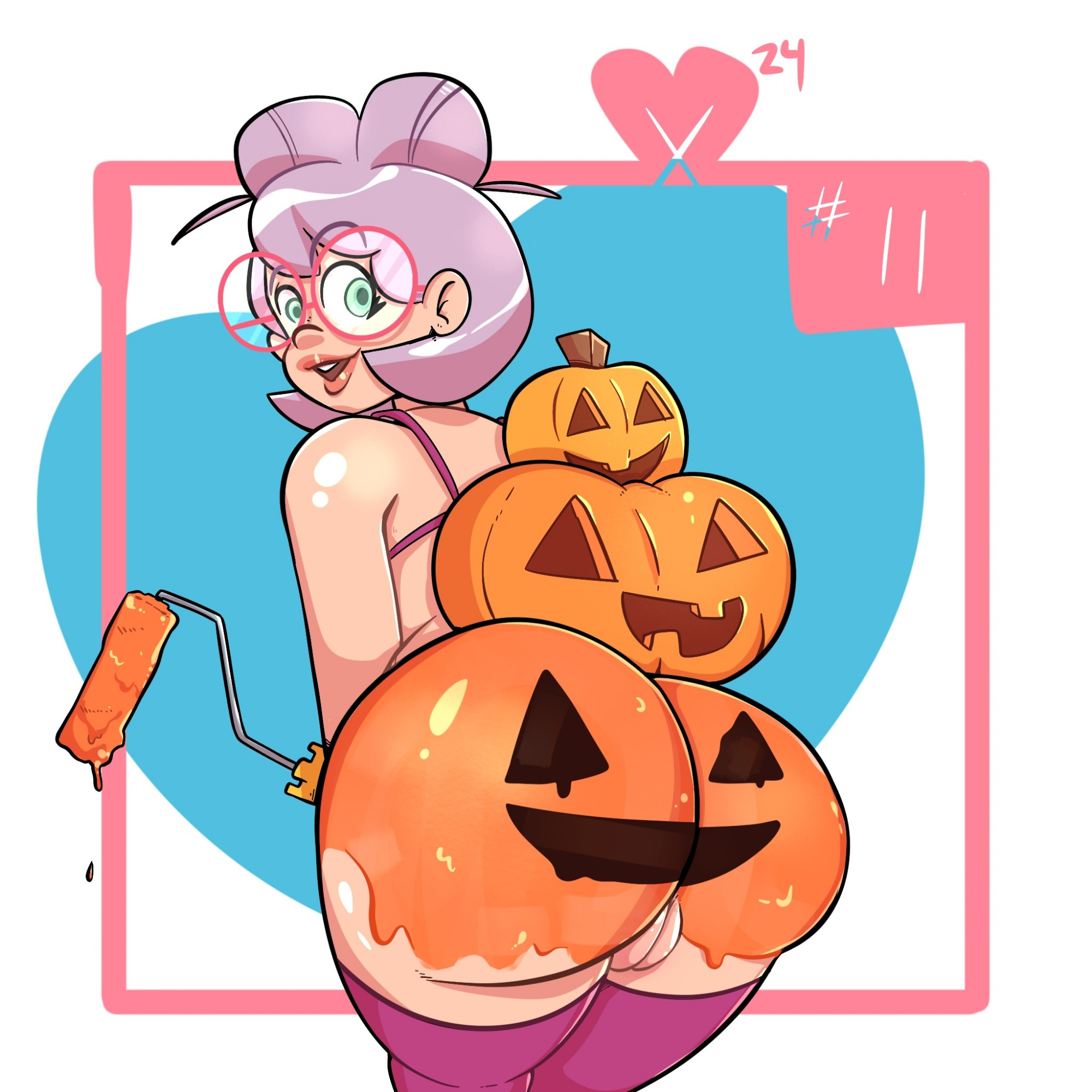 My OC Charlotte (a woman with light skin and pale pink hair done up in two buns, with large round red frame glasses) standing with her back to the viewer,  her ass has been painted to look like a jack-o'-lantern and there is orange paint dripping down her legs. On top of her butt she is balancing two smaller jack-o'-lanterns