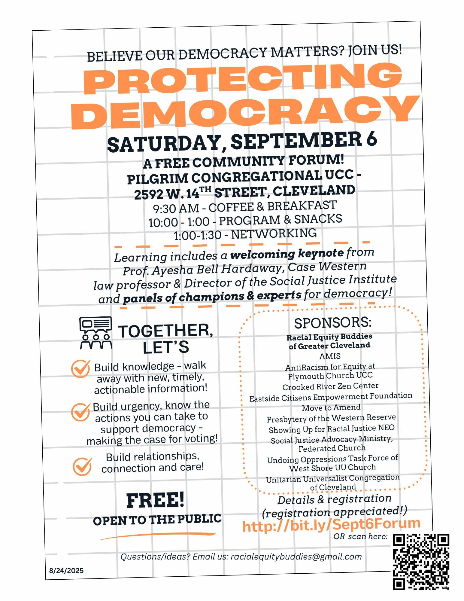 Flyer for a free community forum on "Protecting Democracy," held Saturday, September 6 at Pilgrim Congregational UCC in Cleveland, featuring Prof. Ayesha Bell Hardaway, with breakfast, networking, and breakout sessions.