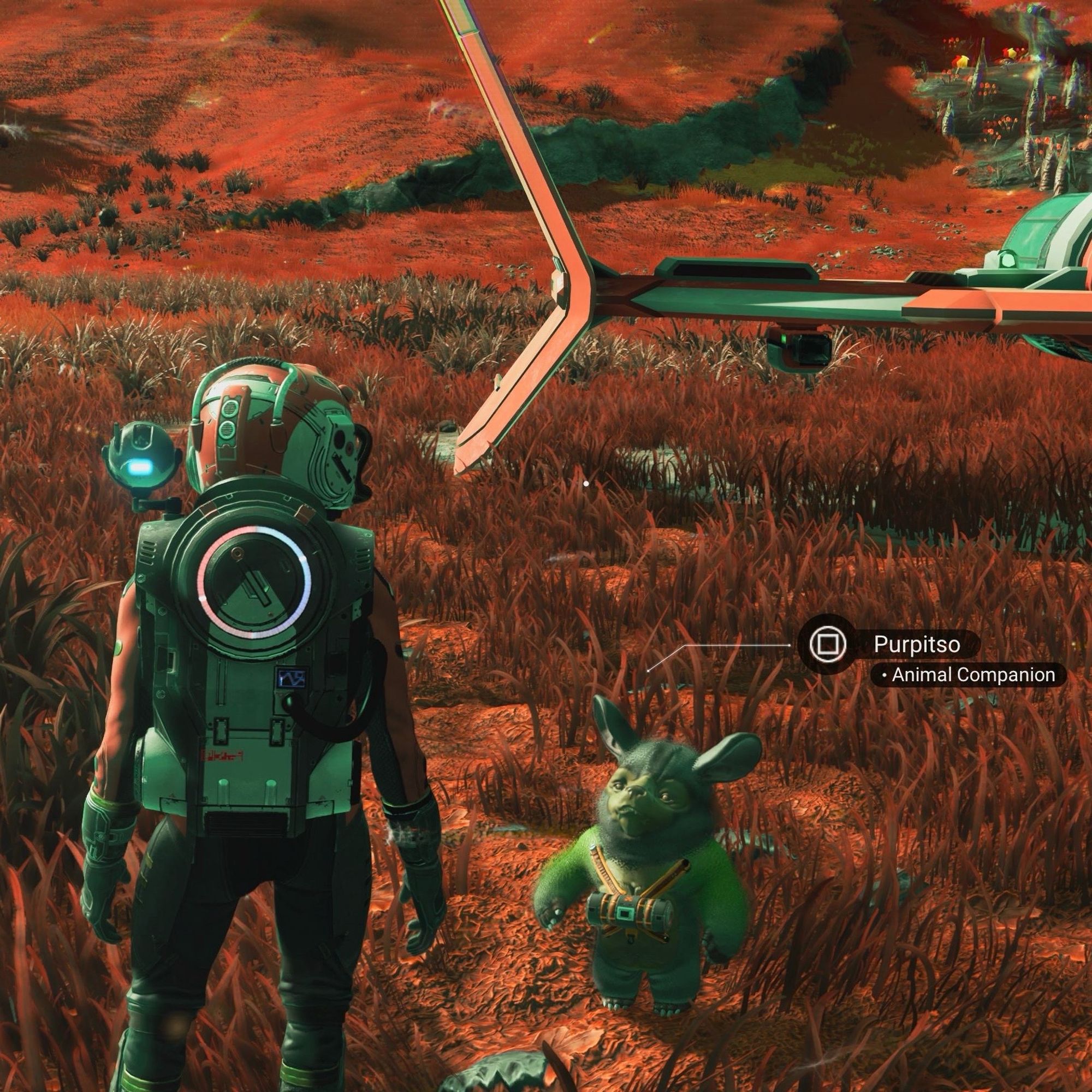 Another screenshot from NMS
Grassy ground is copper coloured, you can see a small greenish ewok-like gremlin with the back of my spacesuit-wearing character