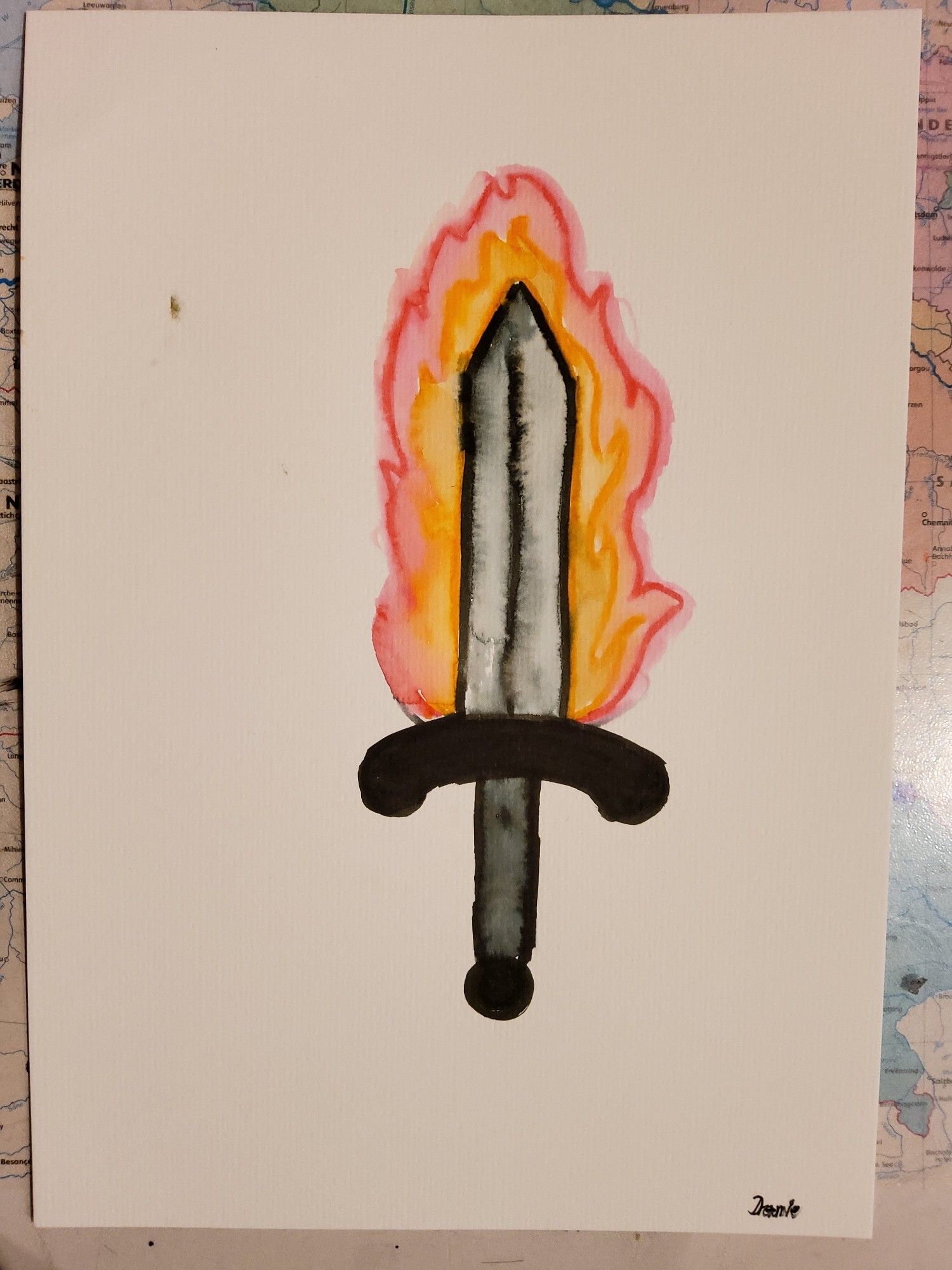 A traditional illustration of a sword, it's blade ablaze with pink and orange flames.