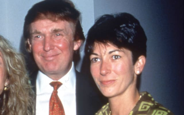 Donald Trump and his long time friend Ghislaine Maxwell smiling at a party.