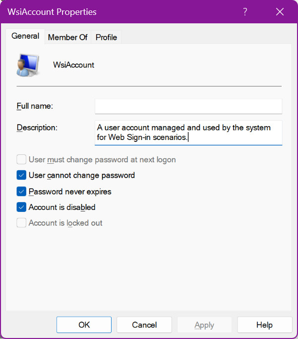 Local users and groups showing a user account called WsiAccount