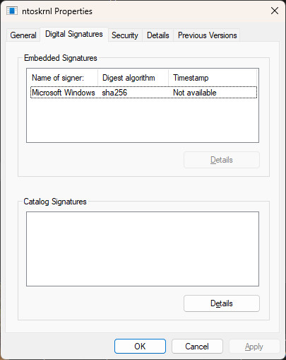 File properties for ntoskrnl.exe showing the new UI