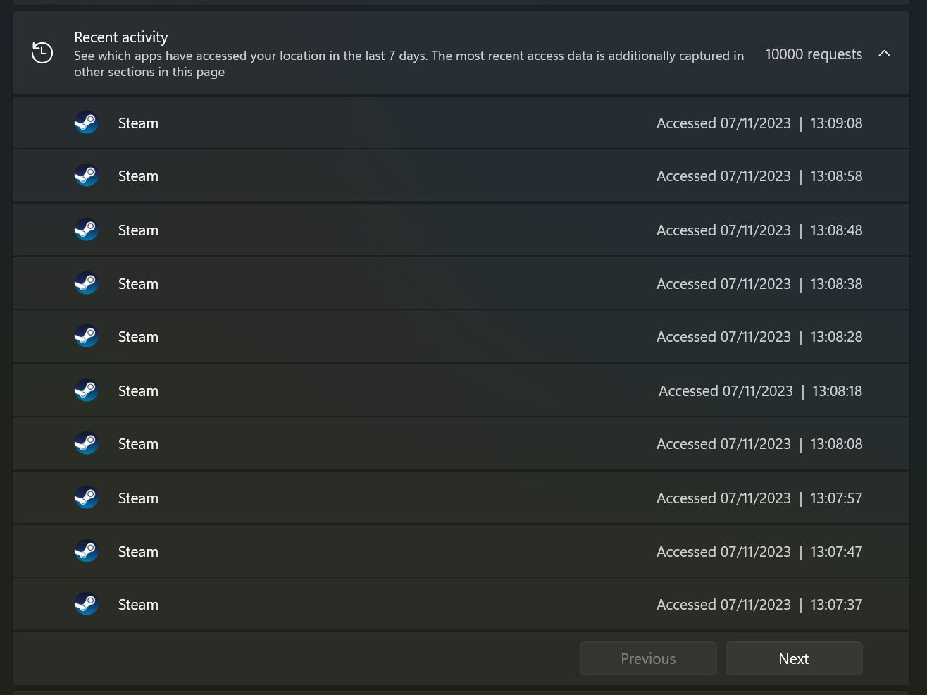 An image of location request history showing that steam has made over 10,000 location requests in the last 7 days