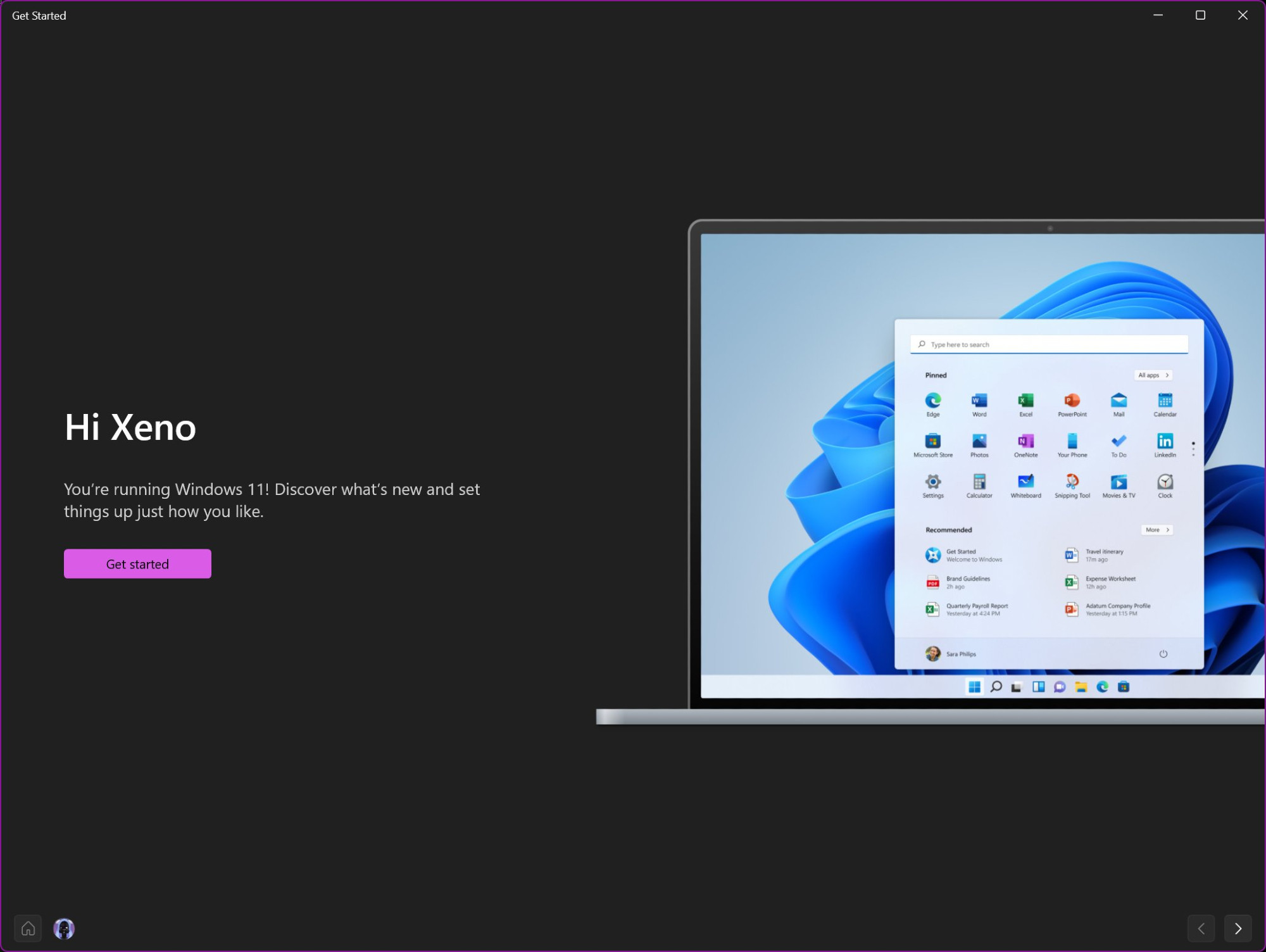 The Get Started app saying "You're running Windows 11! Discover what's new and set things up just how you like"