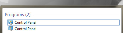 Windows 7 start menu showing 2 control panels