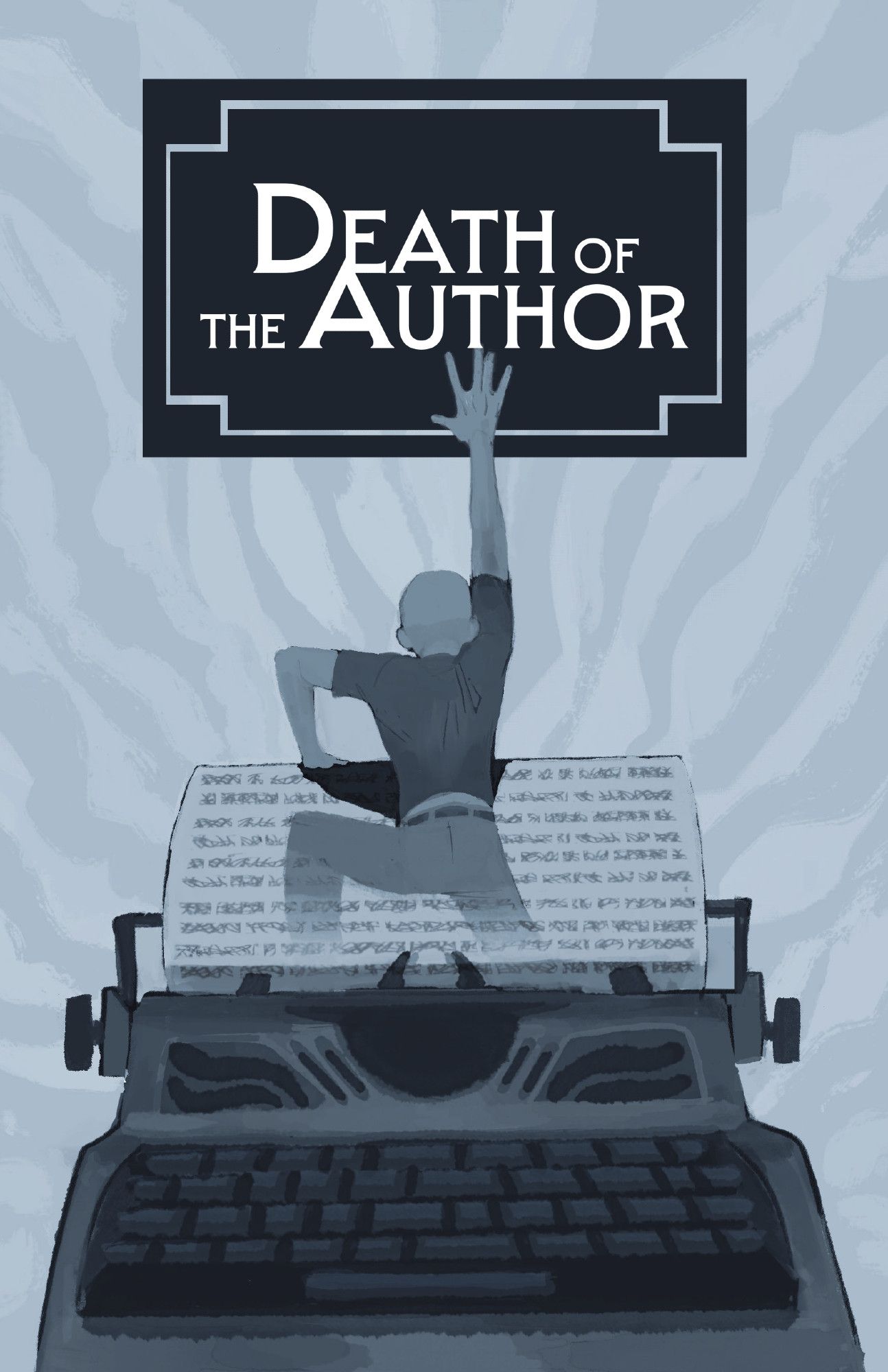 The cover art for Death of the Author, which shows a person emerging from a page on a typewriter.