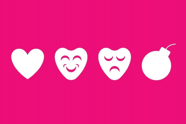 A pink background with four minimalist icons in white: a heart, a smiling heart, a frowning heart, and a bomb