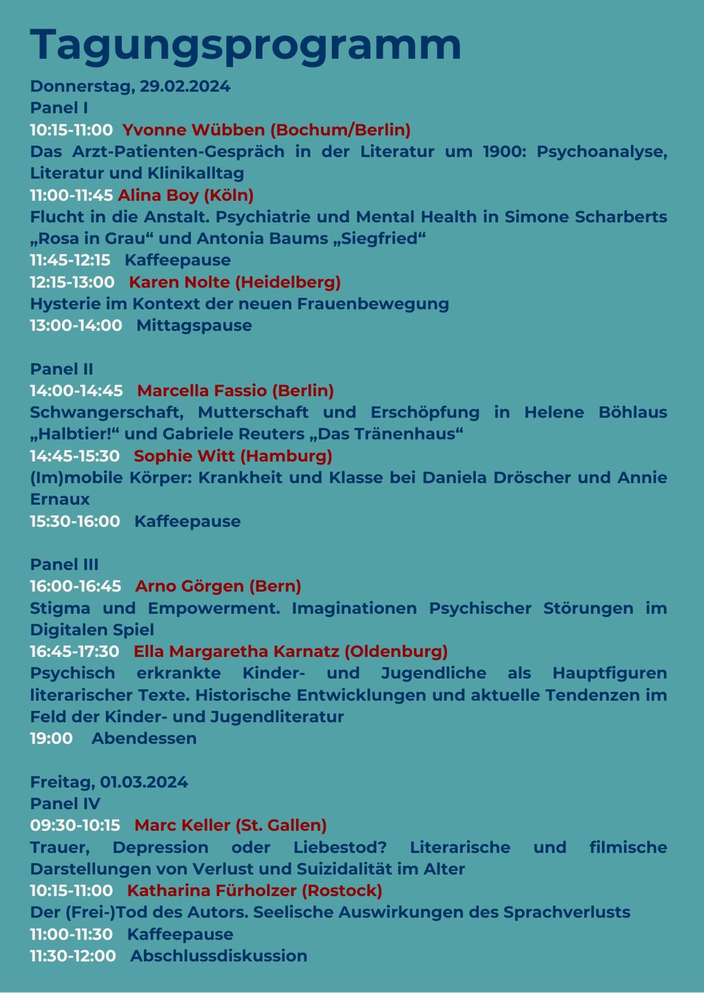 Das Programm der Tagung, darunter Vorträge von Sophie Witt ("(Im)mobile Köper: Krankheit und Klasse bei Daniela Dröscher und Annie Ernaux") und mir ("Trauer, Depression oder Liebestod? Literarische und filmische Darstellungen von Verlust und Suizidalität im Alter").