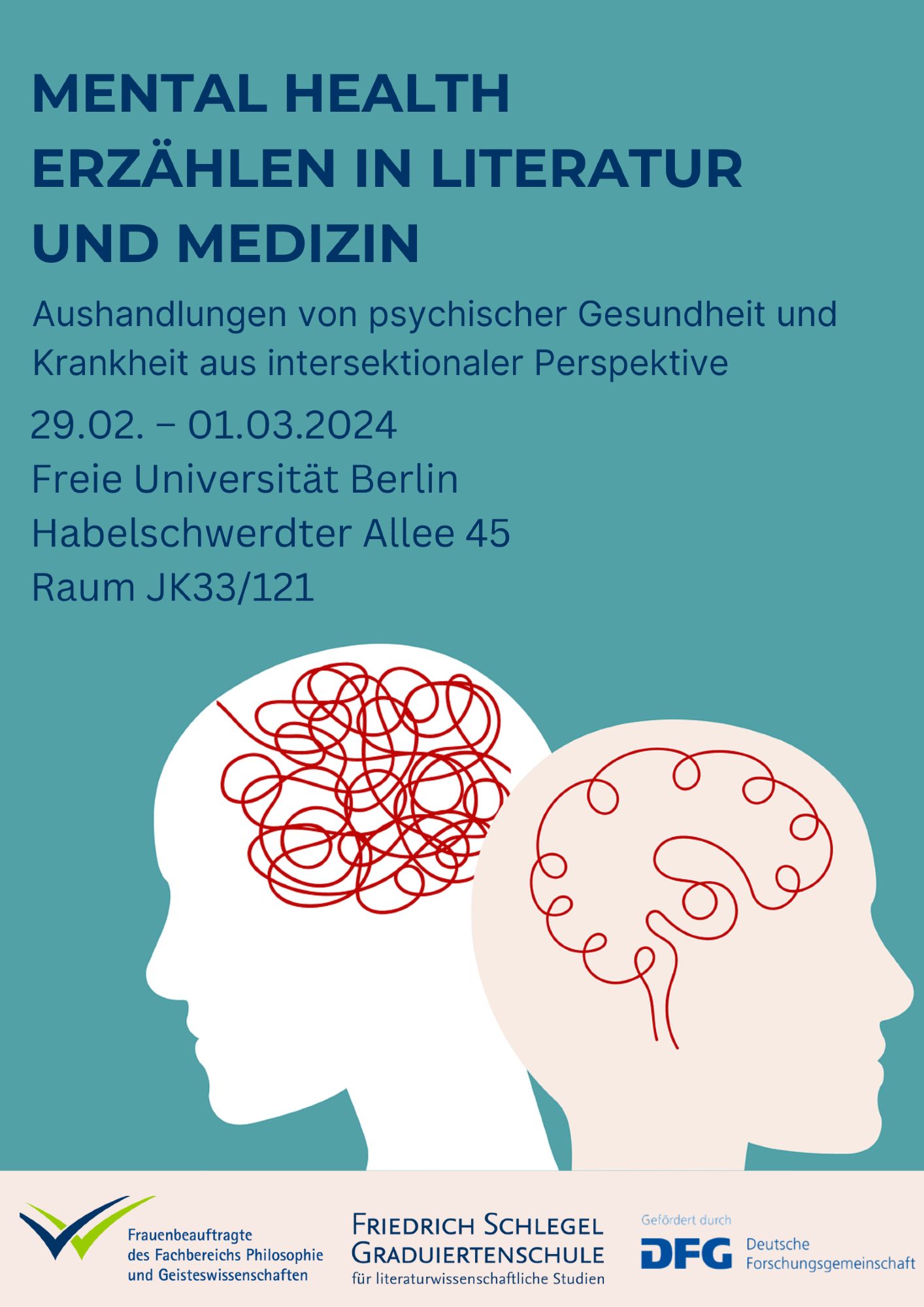 Ankündigungsplakat der Tagung "Mental Health erzählen in Literatur und Medizin" am 29.2. und 1.3. in Berlin